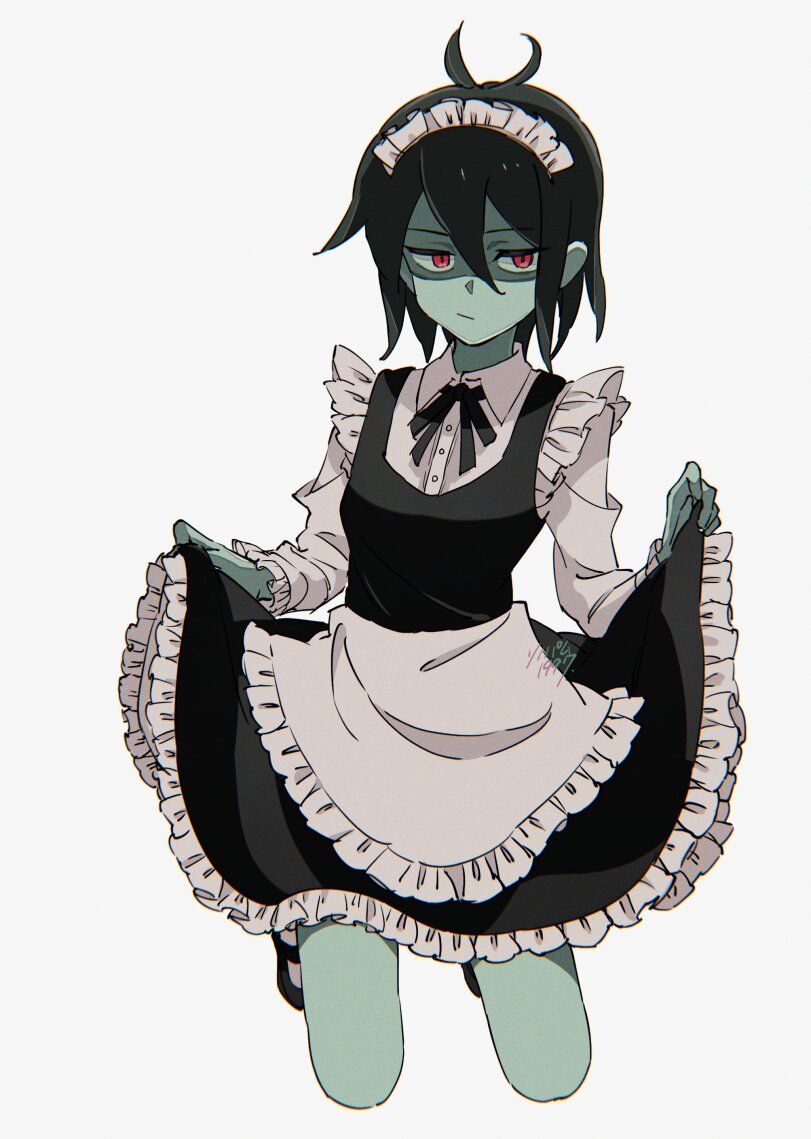 1ambiguous, 2d, 2d (artwork), ambiguous gender, annoyed, annoyed expression, blank eyes, blank stare, blue body, blue hair, blue skin, deltarune, digital drawing (artwork), digital media (artwork), flat chest, human, kris (dark world form), kris (deltarune), maid, maid apron, maid dress, maid headdress, maid outfit, maid uniform, red eyes, safe, safe for work, teenager