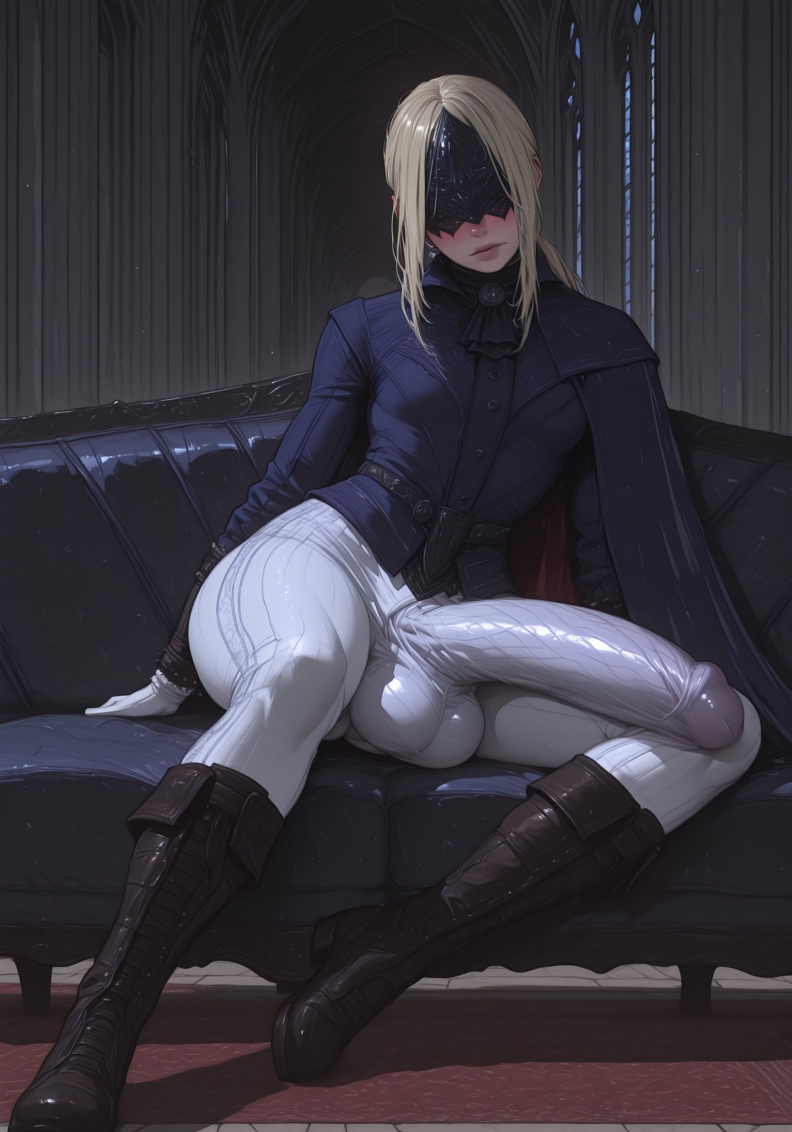 ai generated, balls, breasts, bulge, bulge down leg, bulge through clothing, clothed, duchess (nightreign), elden ring, elden ring nightreign, eye mask, fromsoftware, full-package futa, fully clothed, futa only, futanari, huge cock, intersex, large balls, large bulge, large penis, myth1c2, penis, penis outline, seated