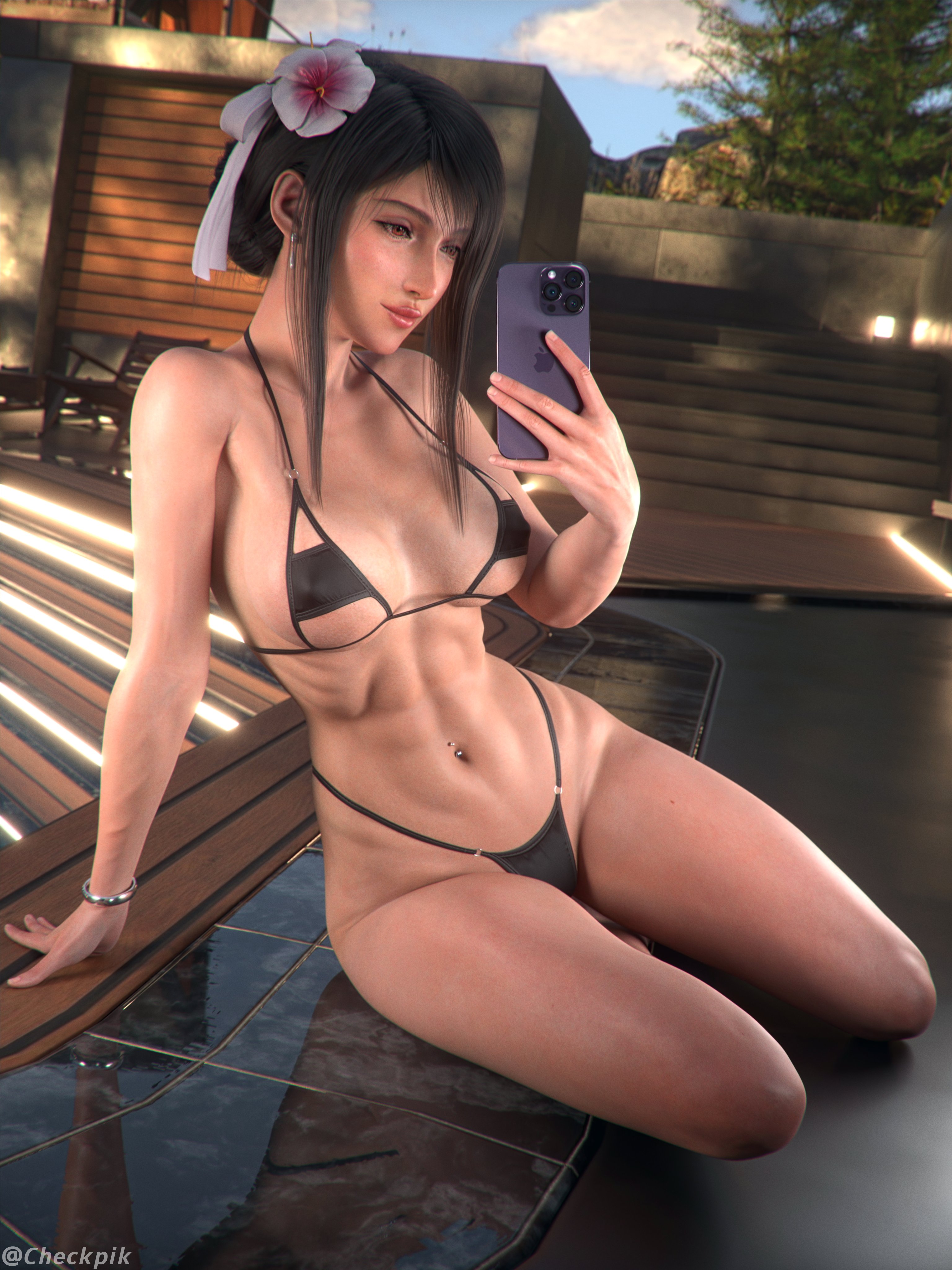 1girls, 3d, athletic, athletic female, bikini, checkpik, female, female only, final fantasy, final fantasy vii, navel piercing, selfie, solo, square enix, tifa lockhart