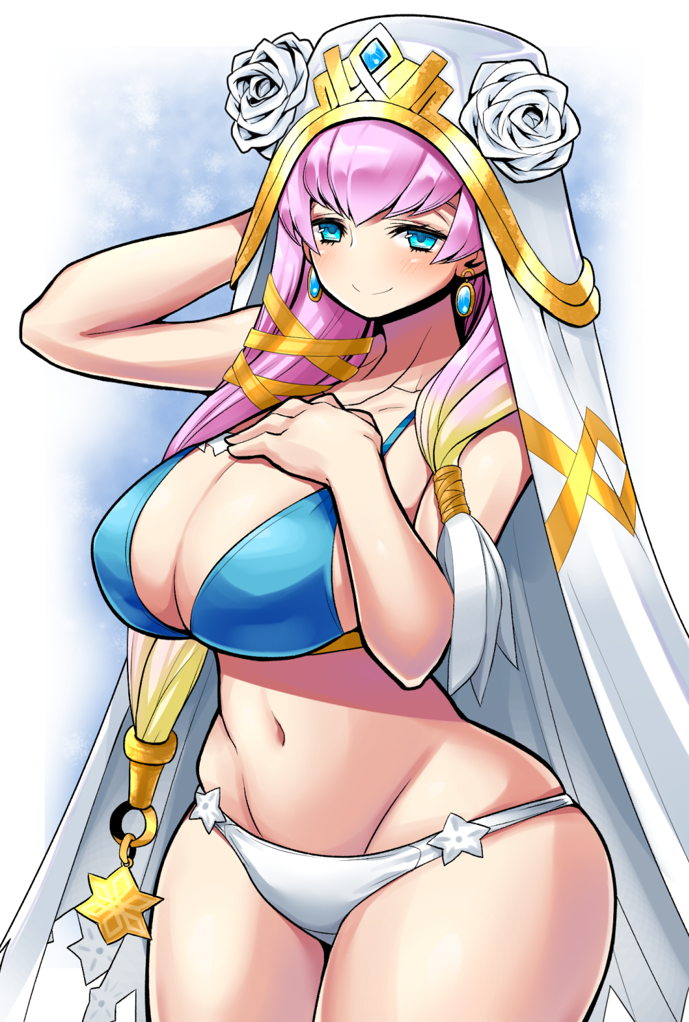 1girls, alternate costume, bangs, bare thighs, bikini, blonde hair, blue bikini, blue eyes, blue swimsuit, blush, breasts, closed mouth, female, fire emblem, fire emblem heroes, gunnthra (fire emblem), hair ornament, hand on own chest, hat, highres, huge breasts, kara age, large breasts, long hair, looking at viewer, midriff, milf, multicolored hair, navel, nintendo, pink hair, smile, solo, solo female, swimsuit, thick thighs, thighs, two-tone hair, upper body, voluptuous, wide hips