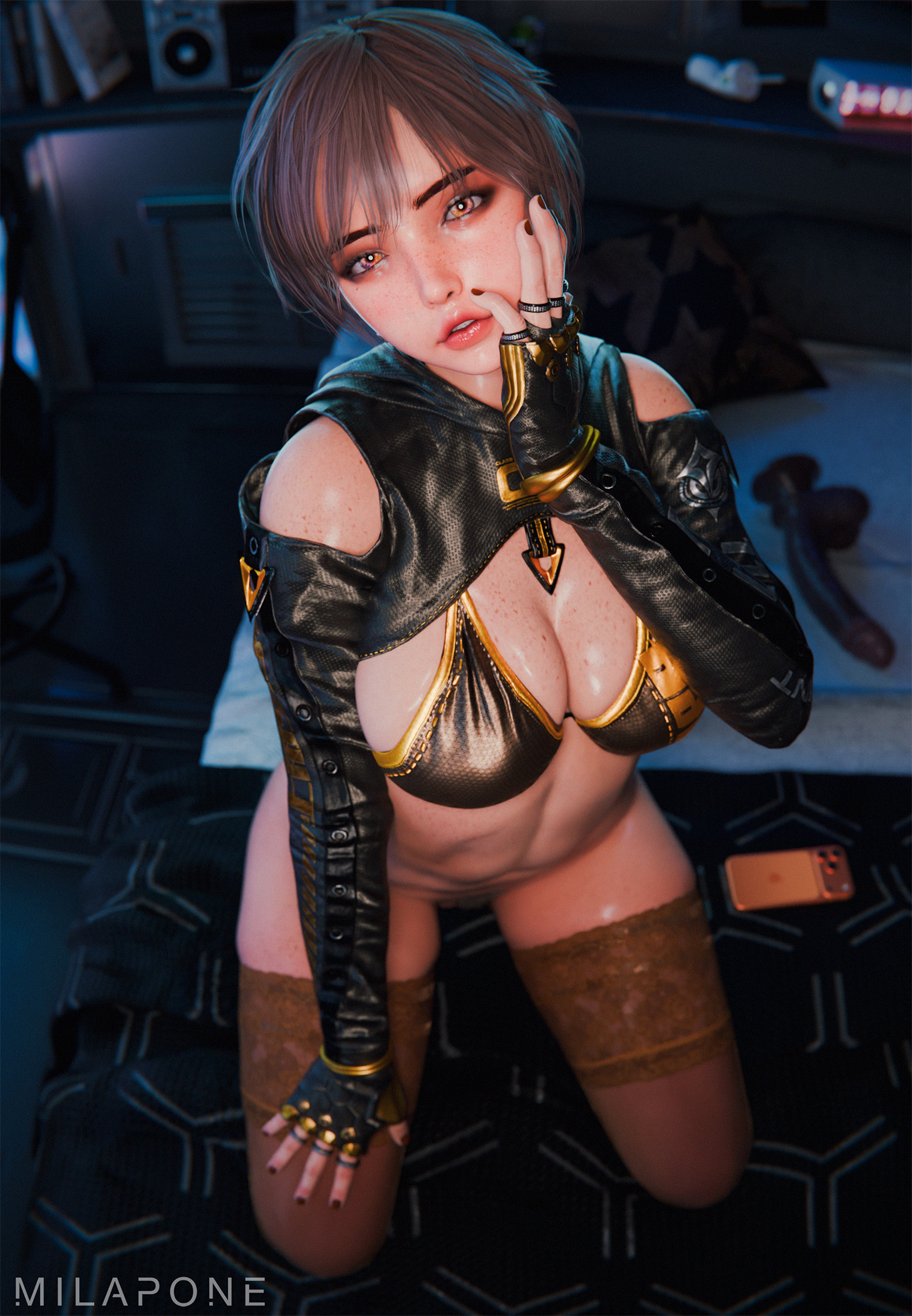 1girls, 2025, 3d, alternate body type, alternate breast size, big breasts, bikini top, bottomless, bottomless female, breasts, brown hair, cleavage, covered breasts, crop top, crop top hoodie, curvaceous, curvaceous female, detailed background, dildo, dildo on bed, earrings, extreme crop top, female, female only, female pubic hair, fingerless gloves, freckles, freckles on face, gloves, hairy pussy, indoors, lace-trimmed thighhighs, legs apart, lily artemis ii, lipstick, long sleeves, milapone, nail polish, navel, painted nails, pubic hair, pubic hair peek, pussy, pussy hair, red nail polish, short hair, solo, standing, stay-ups, stellar blade, stockings, thick thighs, thigh gap, thigh high stockings, thigh highs, thighhigh stockings, thighhighs, vulva