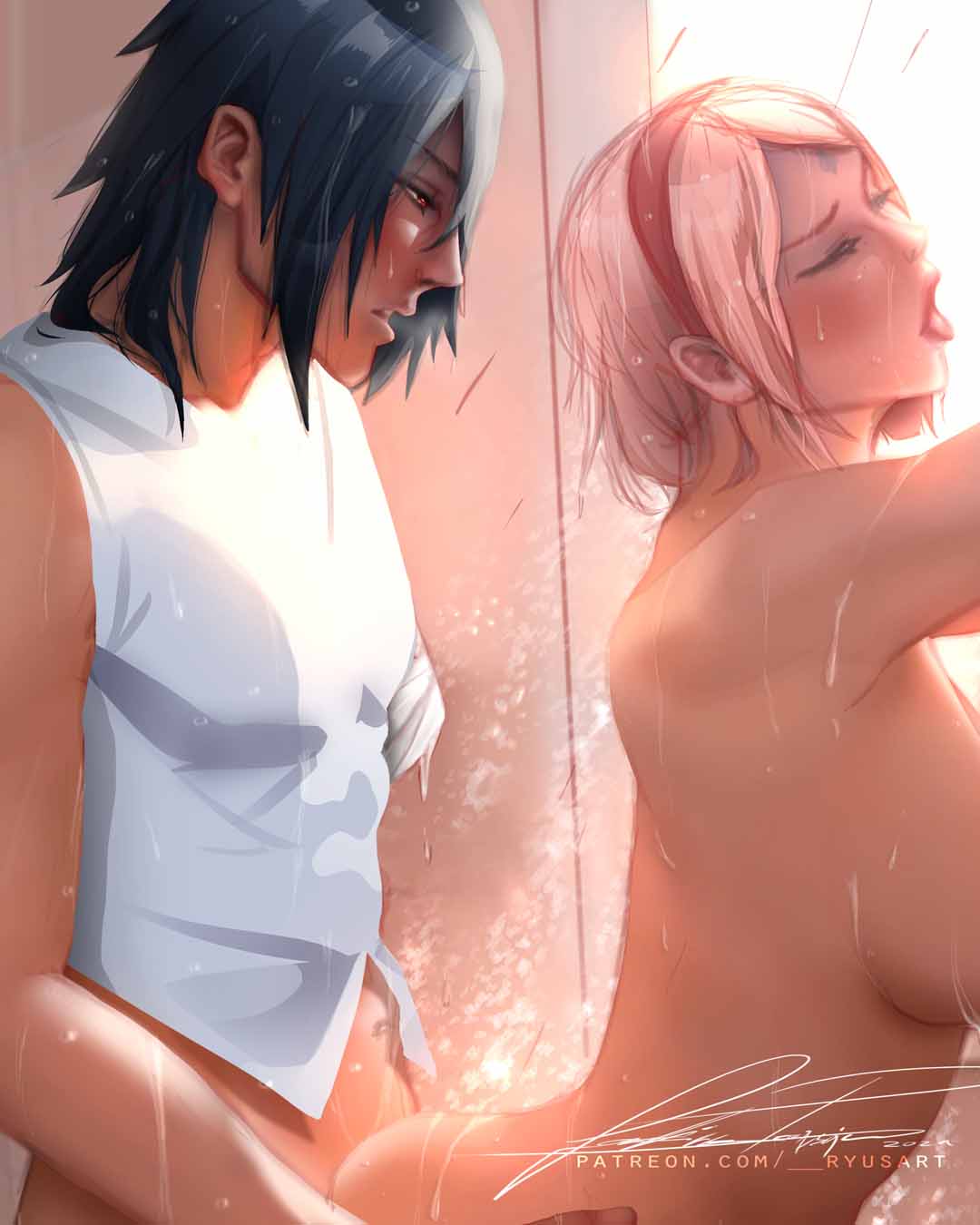 1boy, 1girls, amputated arm, amputee, bandage, bare shoulders, black hair, boruto: naruto next generations, breasts, canon couple, closed eyes, clothing, doggy style, female, female penetrated, forehead jewel, haruno sakura, hip grab, implied sex, male, male penetrating, male penetrating female, male/female, naruto, naruto (series), nude, nude female, patreon username, pink hair, ryusart, sakura haruno, sasuke uchiha, standi, standing, standing doggy style, standing sex, straight, uchiha sakura, uchiha sasuke, vaginal penetration, waist grab