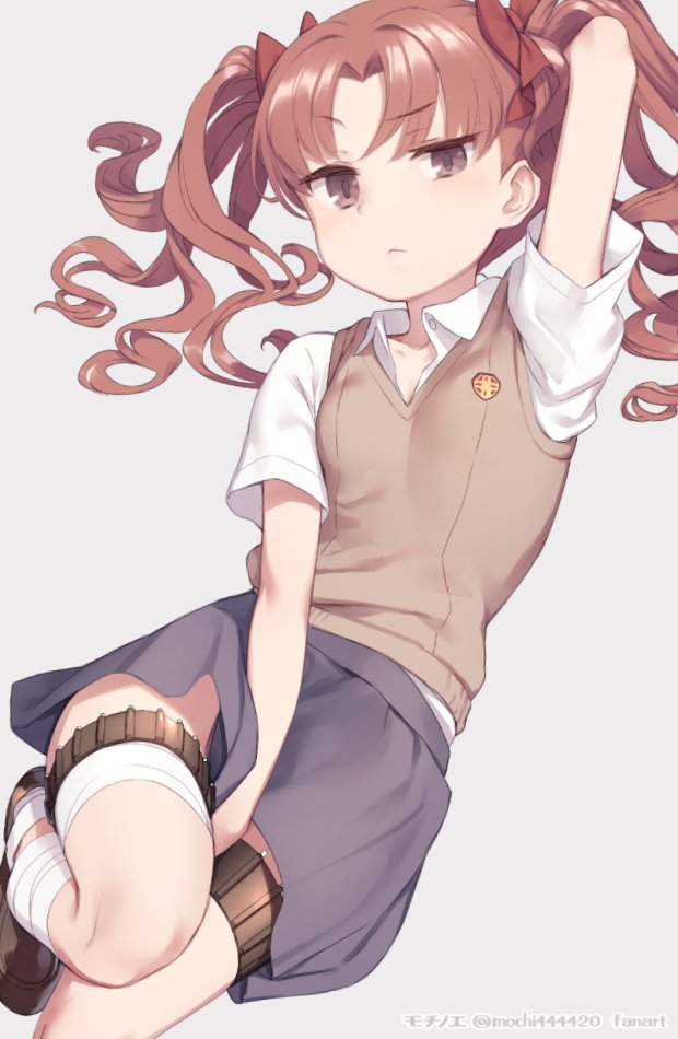bandaged leg, bandages, blue skirt, brown eyes, brown hair, closed mouth, collared shirt, female, frown, grey background, long hair, mochi (mochi444420), parted bangs, school uniform, shirai kuroko, shirt, short sleeves, signature, simple background, skirt, solo, sweater vest, thigh strap, thighs, to aru kagaku no railgun, to aru majutsu no index, toaru kagaku no railgun, toaru majutsu no index, tokiwadai school uniform, twitter username, v-neck, wavy hair, white shirt
