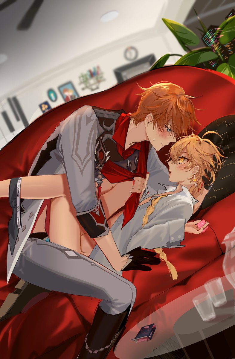 2boys aether_(genshin_impact) blonde_hair childe_(genshin_impact) condom condom_in_hand couch gay_domination gay_sex genshin_impact gloves long_hair male male/male male_only male_penetrating orange_hair pnk_crow tartaglia_(genshin_impact) yaoi