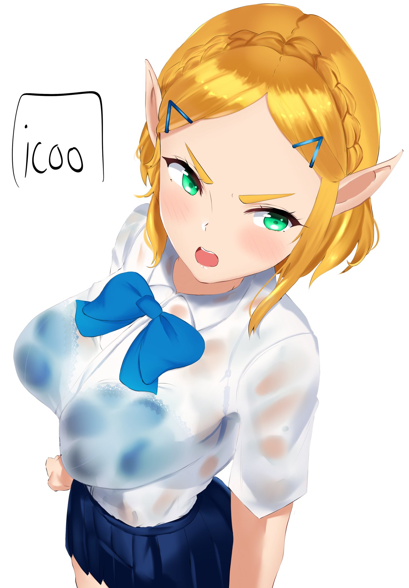 alternate_costume angry big_breasts blonde_hair blue_bow blue_bra blue_skirt blush blushing bow braided_hair breath_of_the_wild clenched_fist furrowed_eyebrows green_eyes hylian icoo light-skinned_female light_skin nintendo open_mouth pointy_ears princess_zelda school_uniform see-through see-through_clothing shirt_lift short_hair skirt solo_female tagme tears_of_the_kingdom the_legend_of_zelda white_background white_shirt zelda_(tears_of_the_kingdom)