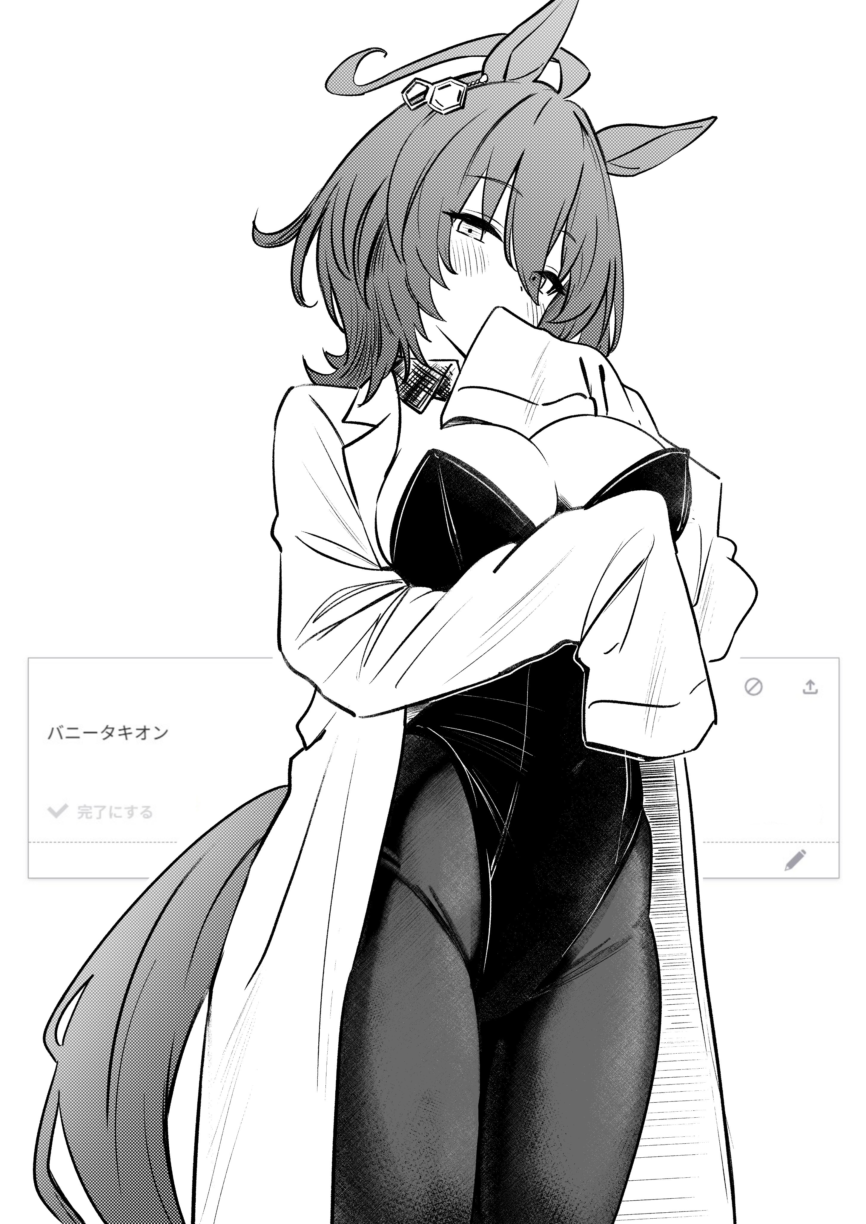 1girls, agnes tachyon (umamusume), ahoge, alternate costume, animal ears, black leotard, blush, bowtie, breasts, bunnysuit, detached collar, eyebrows visible through hair, female, female only, greyscale, hair ornament, highleg, horse, horse ears, leotard, monochrome, pantyhose, solo, strapless, strapless leotard, tagme, tailcoat, umamusume