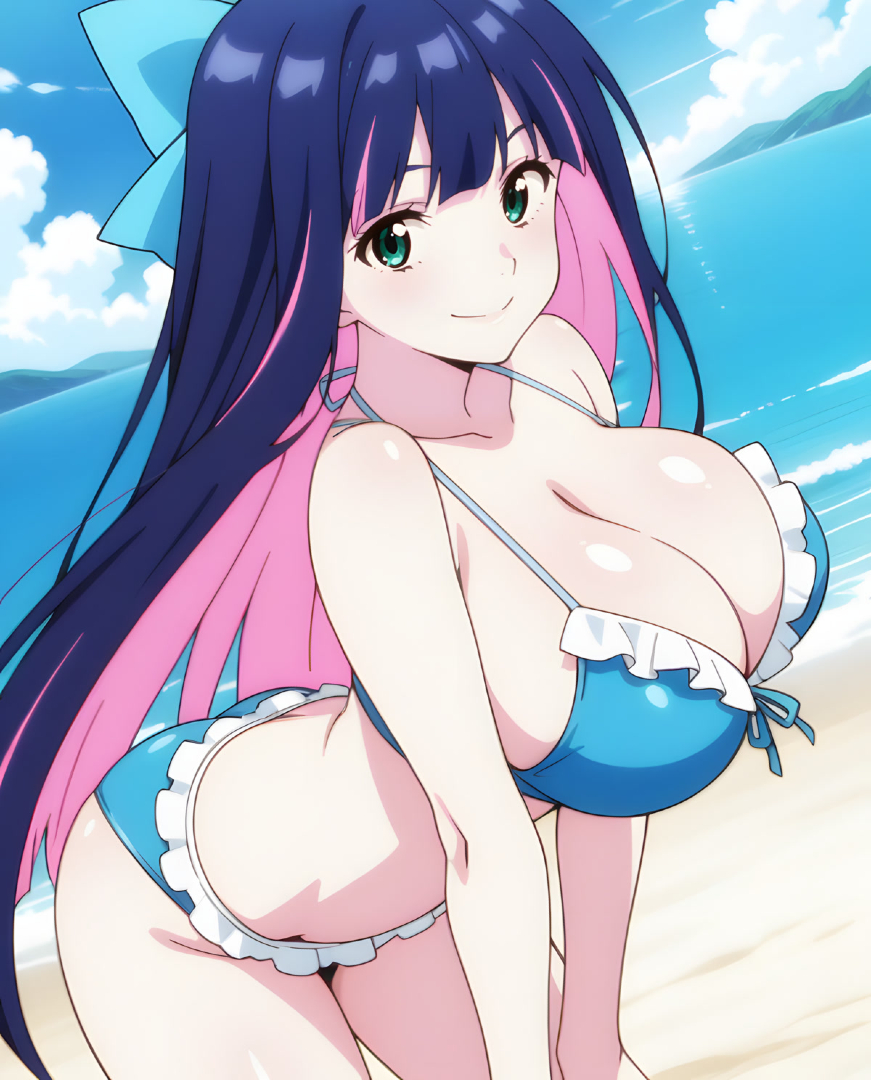 ai generated, bare thighs, beach, big ass, big butt, bikini, breasts, cyan eyes, eroero waifus, fat ass, female, gigantic breasts, hair ribbon, huge breasts, huge thighs, light skin, light-skinned female, long hair, looking at viewer, massive breasts, multicolored hair, panty & stocking with garterbelt, purple hair, smiling, solo female, squatting, stocking anarchy, sweat, sweatdrop, thick body, thick female, thick thighs, thighs, voluptuous, voluptuous female