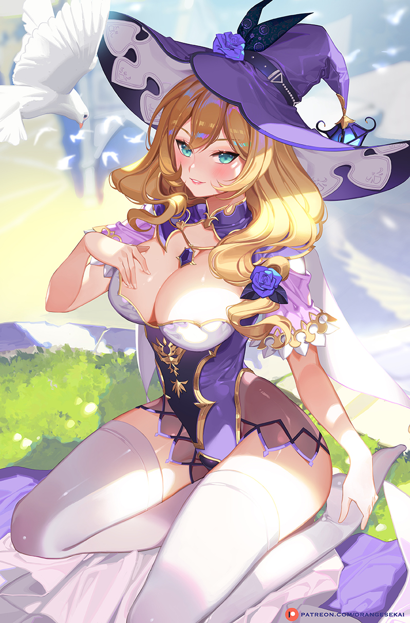 big breasts, blue eyes, breasts, brown hair, cleavage, detailed background, female, frills, genshin impact, hand on breast, lisa (genshin impact), looking at viewer, on knees, one-piece swimsuit, orange sekaii, smirk, smug, sunrays, thick thighs, thighhighs, wizard hat
