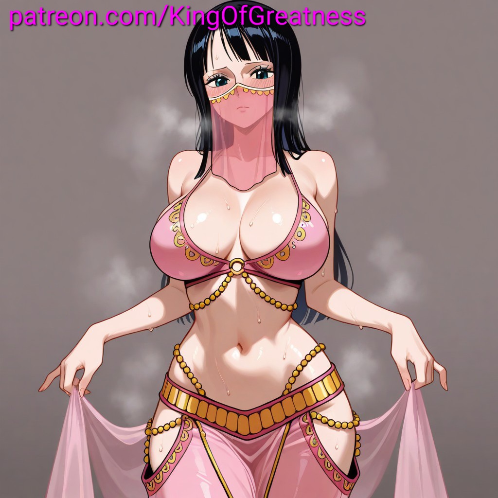 1girls, ai generated, alternate costume, belly dancer, belly dancer outfit, black hair, black-haired female, blush, female, female only, mouth veil, nico robin, one piece, pink clothes, seductive, sexy, steam, sweat, veil
