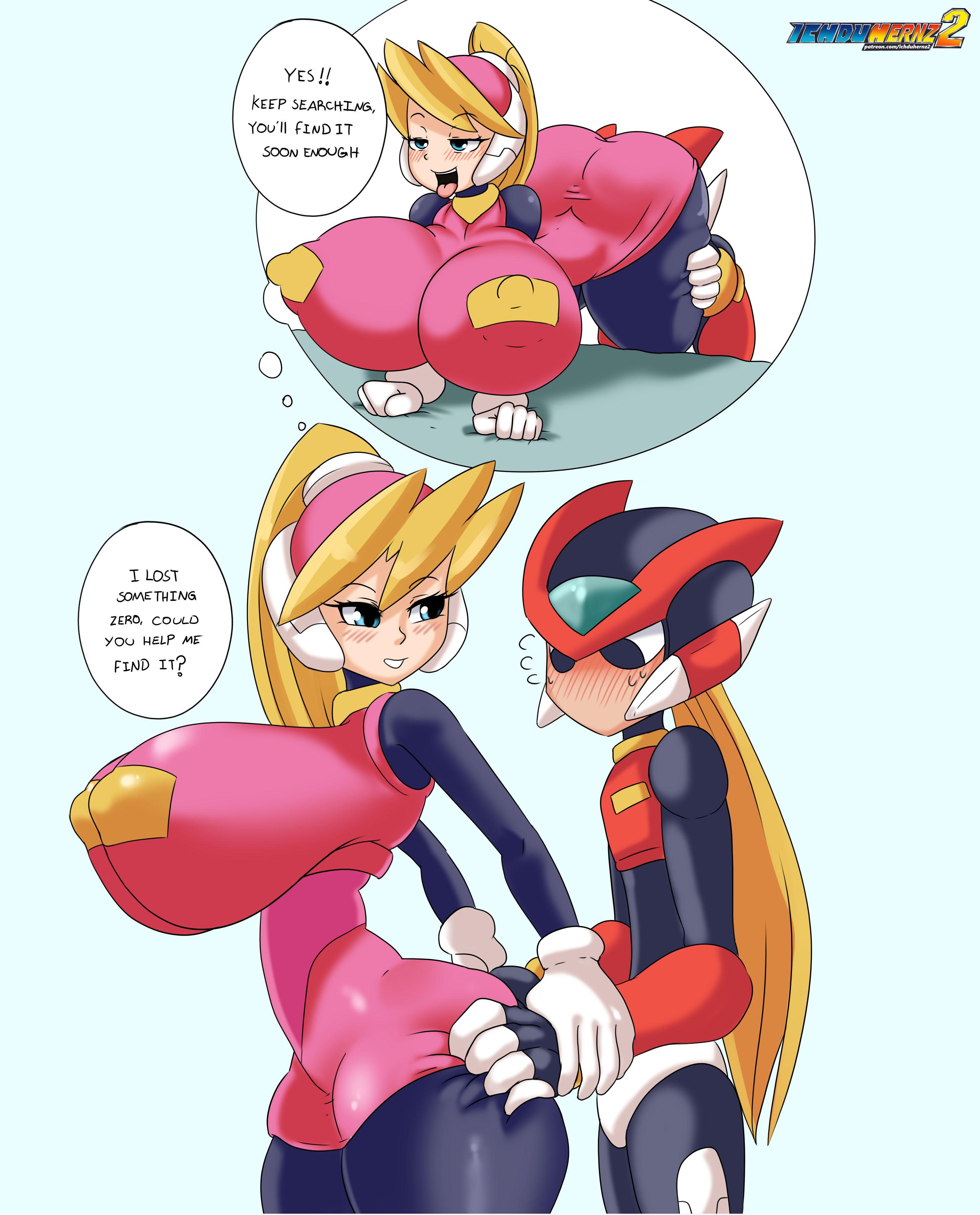 1boy, 1girls, 5 fingers, ahe gao, ahegao, alternate breast size, ass, ass grab, big ass, big breasts, big butt, blue eyes, blush, blushing, breasts, butt grab, ciel (mega man), covered nipples, dialogue, english text, erect nipples, eyebrows, eyebrows visible through hair, eyelashes, female, hips, huge ass, huge breasts, huge butt, human, humanoid, ichduhernz, large ass, large breasts, large butt, male, mega man, mega man zero, nipple bulge, nipples, open mouth, robot, robot boy, robot humanoid, seductive, seductive eyes, seductive look, seductive smile, side view, simple background, smile, smiling, speech bubble, standing, tagme, teeth, text, thick, thick ass, thick thighs, thighs, tongue, tongue out, top heavy, voluptuous, watermark, wide hips, zero (mega man)