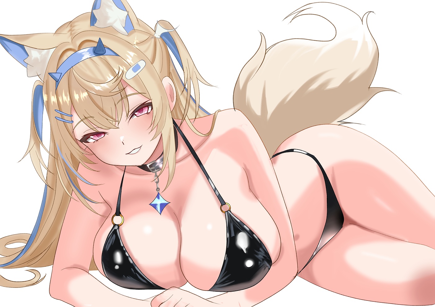 animal collar, animal ear fluff, animal ears, bandaid, bandaid hair ornament, bikini, black bikini, black collar, blonde hair, blue hair, blue hairband, blue sky, breasts, cleavage, collar, commentary, crossed bangs, day, dog ears, dog girl, dog tail, double-parted bangs, english commentary, female, fuwawa abyssgard, grin, hair between eyes, hair ornament, hairband, hairclip, halterneck, hololive, hololive english, hololive english -advent-, horn hairband, large breasts, long hair, looking at viewer, lying, multi ear, multicolored hair, navel, o-ring, o-ring bikini, outdoors, parallel hairclips, pink eyes, rijeka1918, simple background, sky, smile, solo, stomach, streaked hair, string bikini, swimsuit, tail, two side up, virtual youtuber, white background