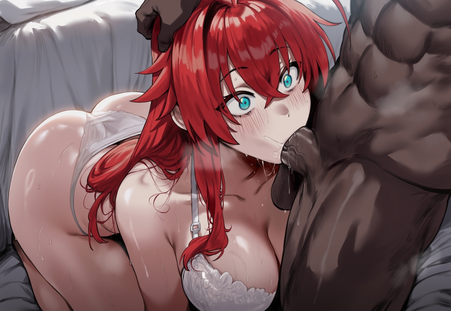 1boy, 1boy1girl, 1boys, 1girls, ahoge, ai generated, bedroom, big breasts, big penis, blue eyes, blush, breasts, cock, dark skin, dark-skinned male, fellatio, female, grabbing, hand on head, head grab, high school dxd, hips, huge breasts, huge cock, indoors, interracial, large breasts, large penis, lingerie, long hair, male, oral, penis, red hair, rias gremory, sucking, sucking penis, thick thighs, thighs, truck kun, veiny penis, voluptuous, wide hips