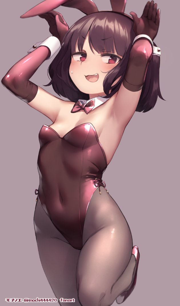 :3, alternate costume, animal ears, arms up, black pantyhose, blush, bob cut, breasts, covered navel, detached collar, elbow gloves, fake animal ears, female, gloves, grey background, leg up, leotard, mochi (mochi444420), open mouth, pantyhose, playboy bunny, purple hair, rabbit ears, rabbit pose, red eyes, red footwear, red gloves, red pantyhose, short hair, signature, small breasts, solo, sweat, touhoku kiritan, twitter username, voiceroid, wrist cuffs
