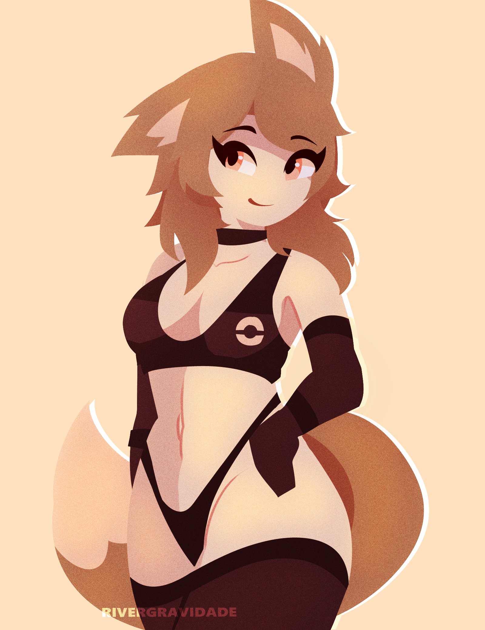1female, 1girls, 2025, animal ears, big tail, bikini, brown hair, cathie (rivergravidade), choker, collar, color, colored, eyelashes, eyelashes visible through hair, female, female focus, female only, gloves, happy, happy female, light-skinned female, looking at viewer, messy hair, mostly nude, mostly nude female, oc, orange eyes, original, original art, original artwork, original character, originalcharacter, rivergravidade, sleeves, smile, smiling, solo, solo female, solo focus, sports bra, tagme (artist), tagme (character), tail, thigh highs, thighhighs, thong