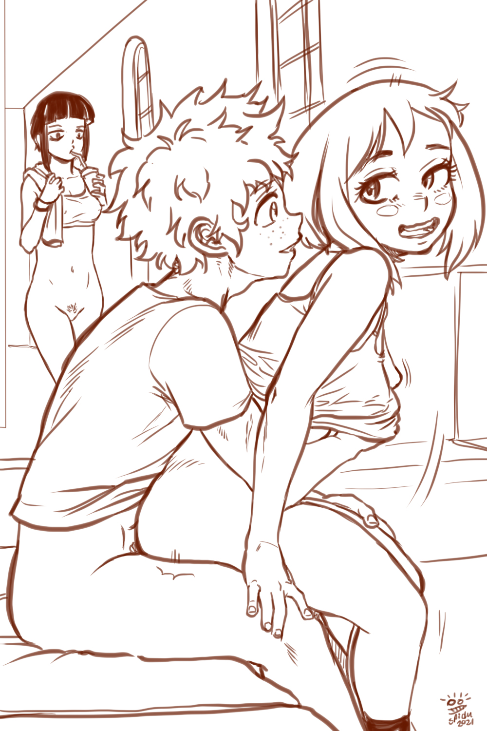 1boy, 2girls, ambiguous penetration, ass, bottomless, breasts, busty, couple, curly hair, female, freckles, hourglass figure, izuku midoriya, kyoka jiro, male, monochrome, my hero academia, ochako uraraka, penetration, penis, pubes, pubic hair, pussy, sex, short hair, sitting, sitting on lap, sitting on penis, sitting on person, sketch, spidu, straight, wholesome, wide hips