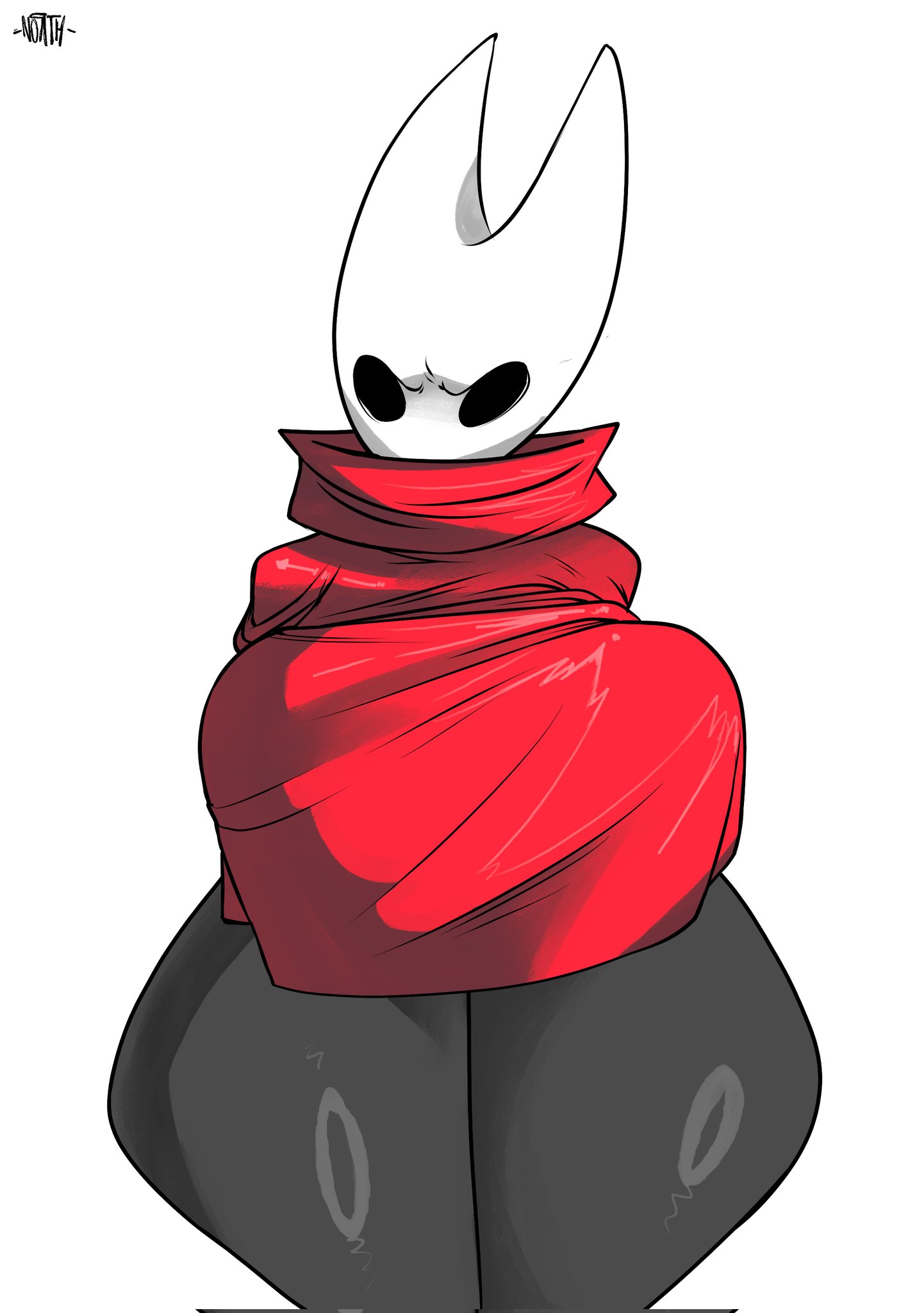 1girls, 2 horns, artist signature, black body, breasts, cape, female, hollow eyes, hollow knight, hornet (hollow knight), insect, insect girl, insects, mask, north star 500, partially clothed, simple background, thick thighs, thighs