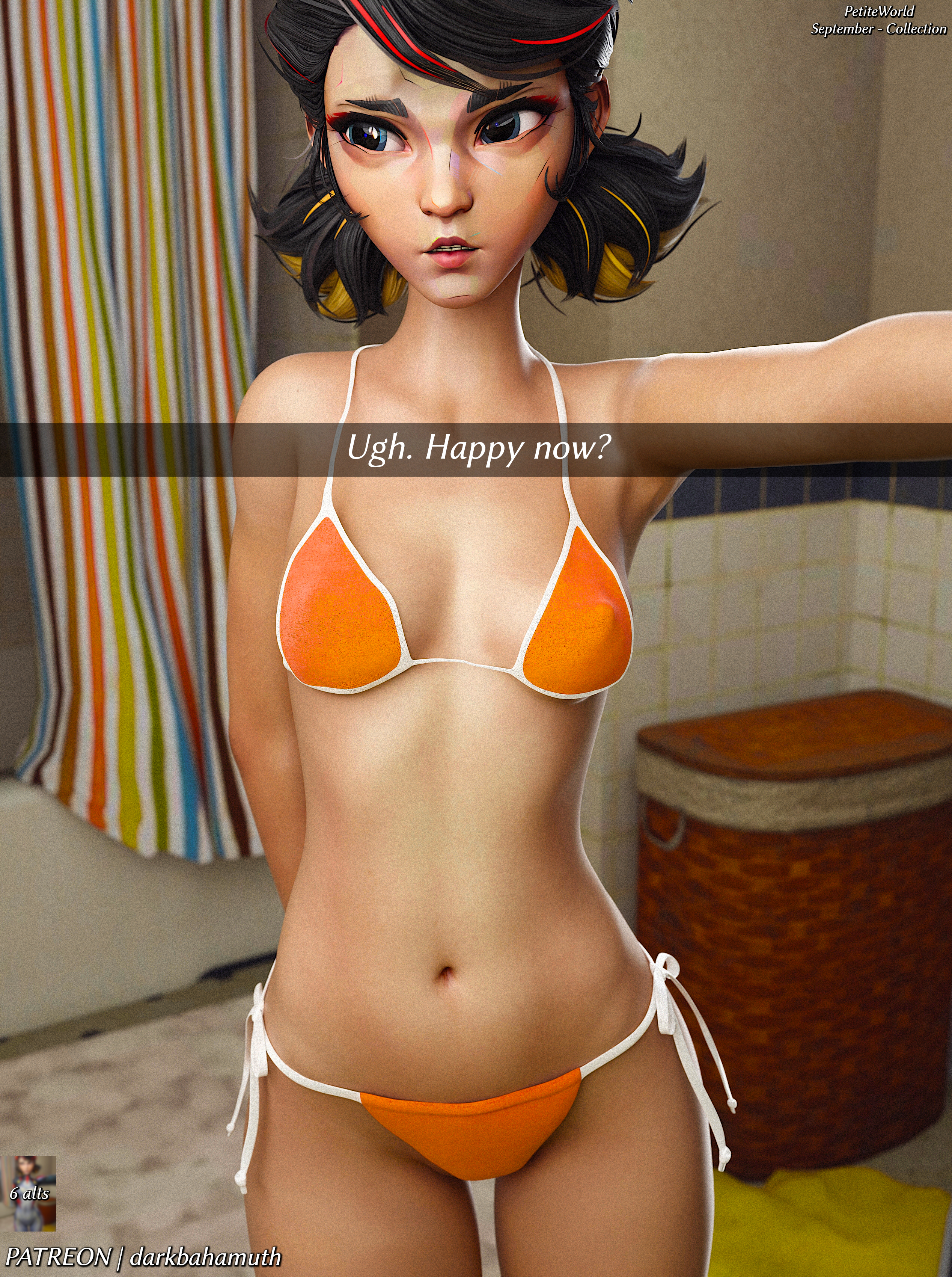 1girls, 3d, 3d (artwork), bikini, darkbahamuth, embarrassed underwear female, english text, female, female only, marvel, marvel comics, marvel rivals, peni parker, peni parker (marvel rivals), petite, petite body, petite female, selfie, snapchat, teenage female, teenager, trying on clothes, young
