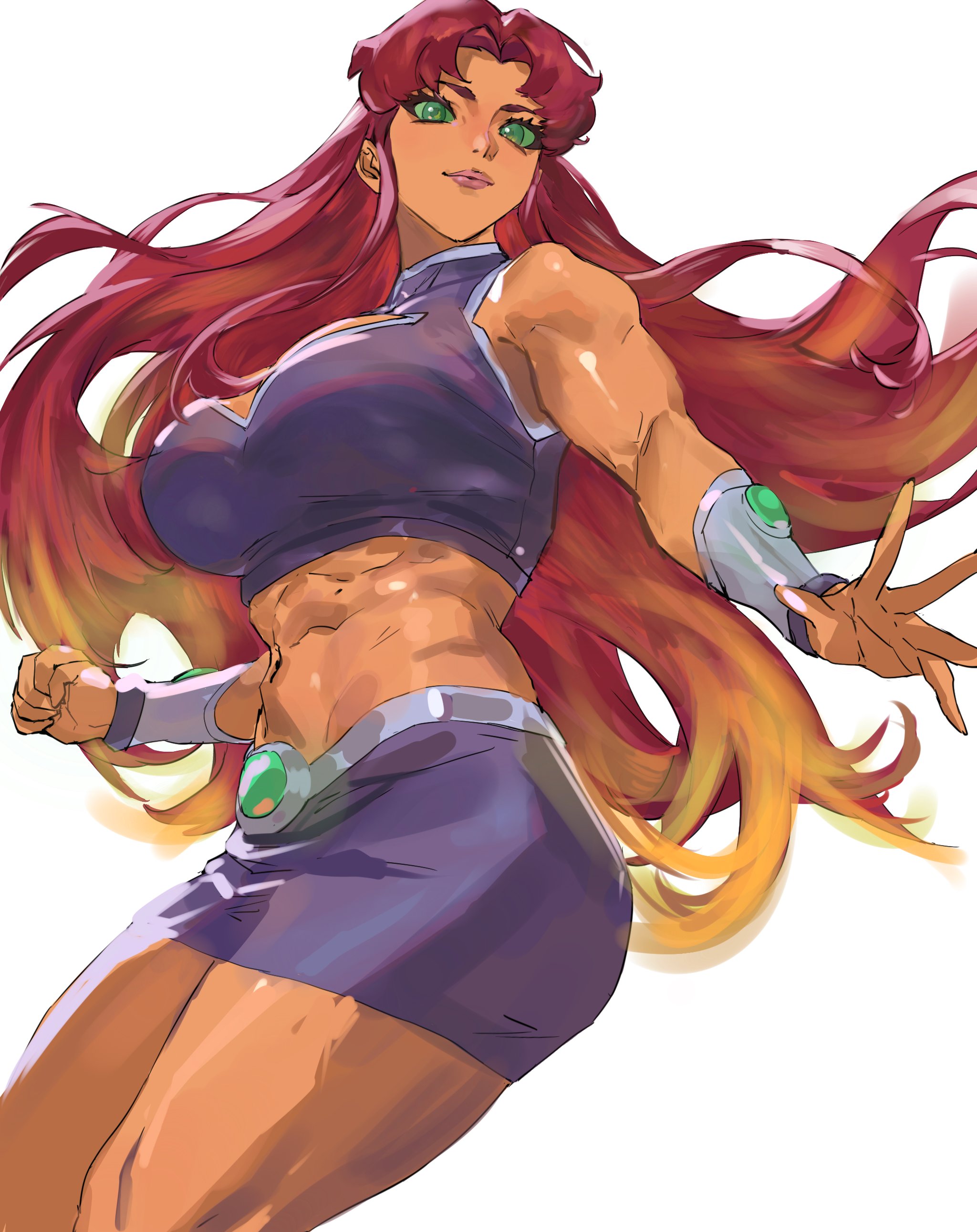1girls, abs, big breasts, breasts, clothing, dc, dc comics, exposed midriff, exposed stomach, female, fist, green eyes, green gem, green gemstone, lips, midriff, muscular, muscular female, muscular thighs, no sleeves, open hand, red hair, skirt, solo female, starfire, stomach, taiyang yu, teen titans, tight skirt, wrist cuffs