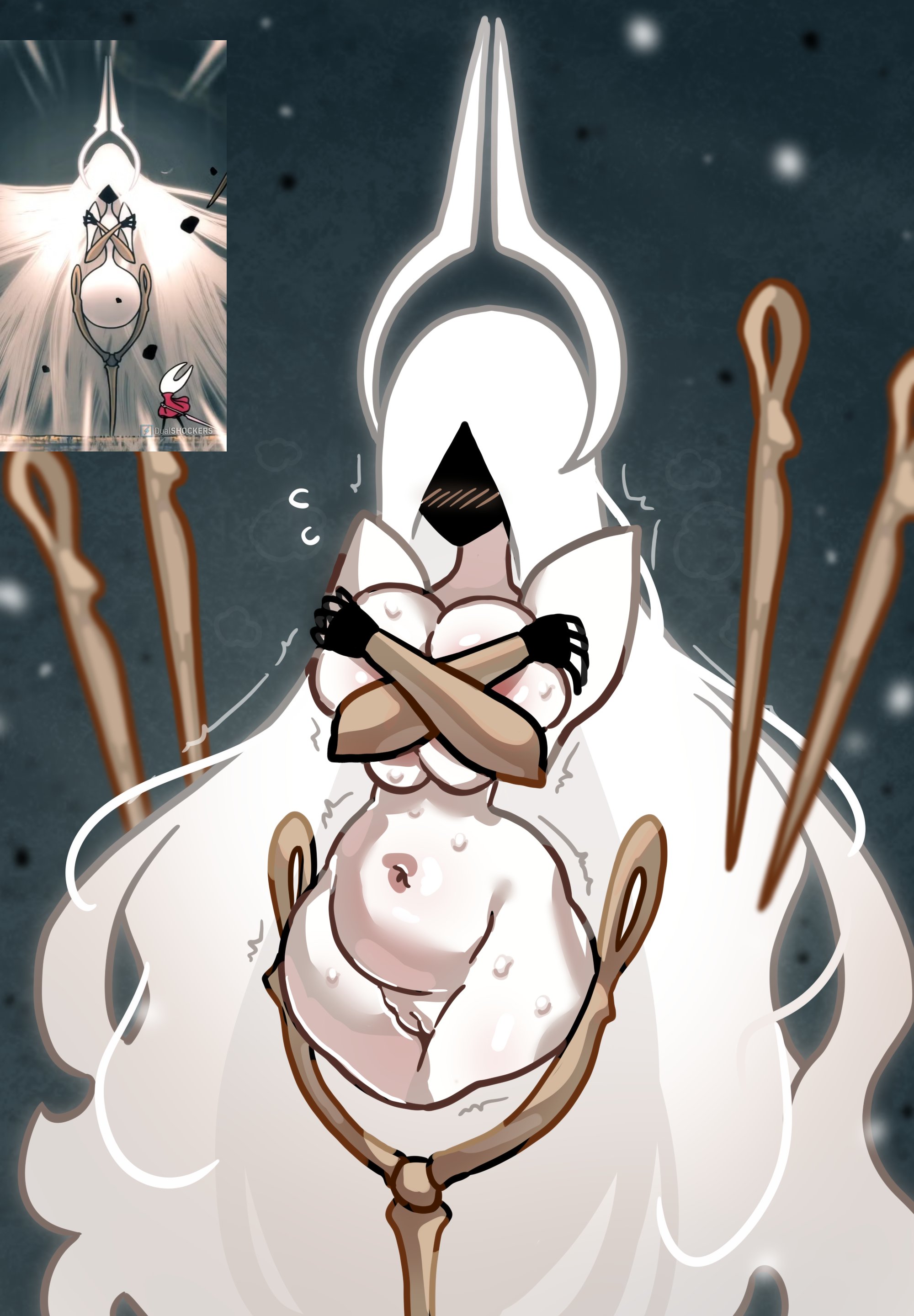 1girls, 2025, absurdres, big breasts, blush, breasts, covering, covering breasts, female, gauntlets, goddess, grand mother silk, halo, hi res, hollow knight, hollow knight: silksong, lefantis, long hair, pussy, silksong, sweat, thighs, white body, white hair, white skin