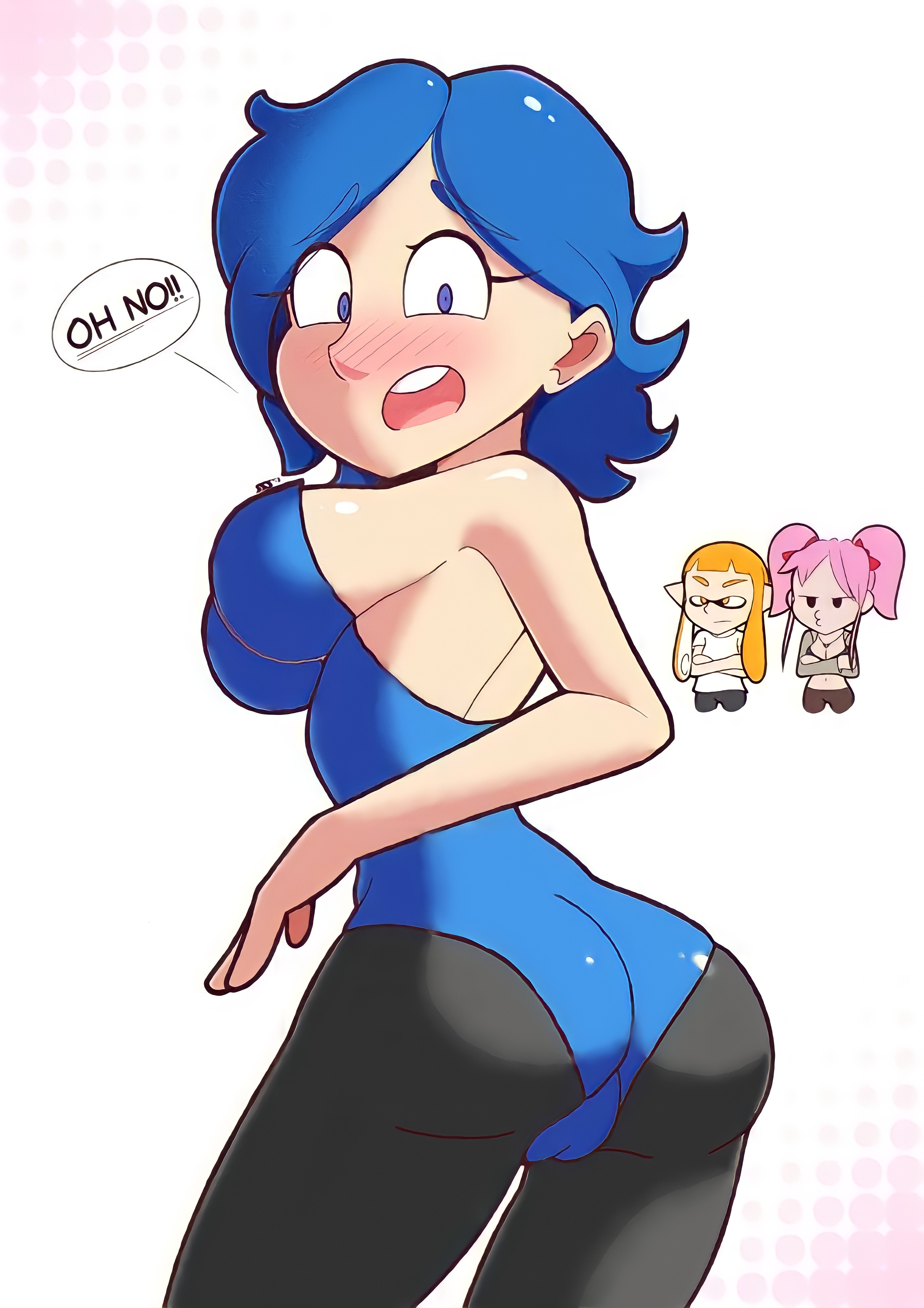 ass, blue eyes, blue hair, blush, breasts, edit, embarrassed, embarrassed female, female, female only, glitch productions, leotard, looking at viewer, meggy spletzer, nintendo, open mouth, pantyhose, saiko bichitaru (smg4), simple background, smg4, smg4 art, speech bubble, supersegasonicss, tagme, tari (smg4), teeth, text, thighs, tongue, white background