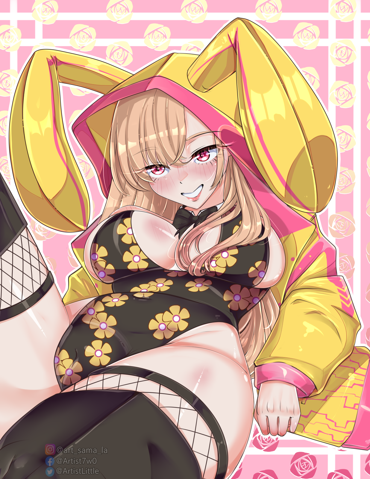 blonde female, blonde hair, blush, blush lines, bunny ears, bunnysuit, clothed, exited, eye contact, eyes visible through hair, female, flowers, glowing eyes, jacket, kitagawa marin, long hair, marin kitagawa, my dress up darling, pink background, pink eyes, smile, sono bisque doll wa koi wo suru, stockings, teenage female
