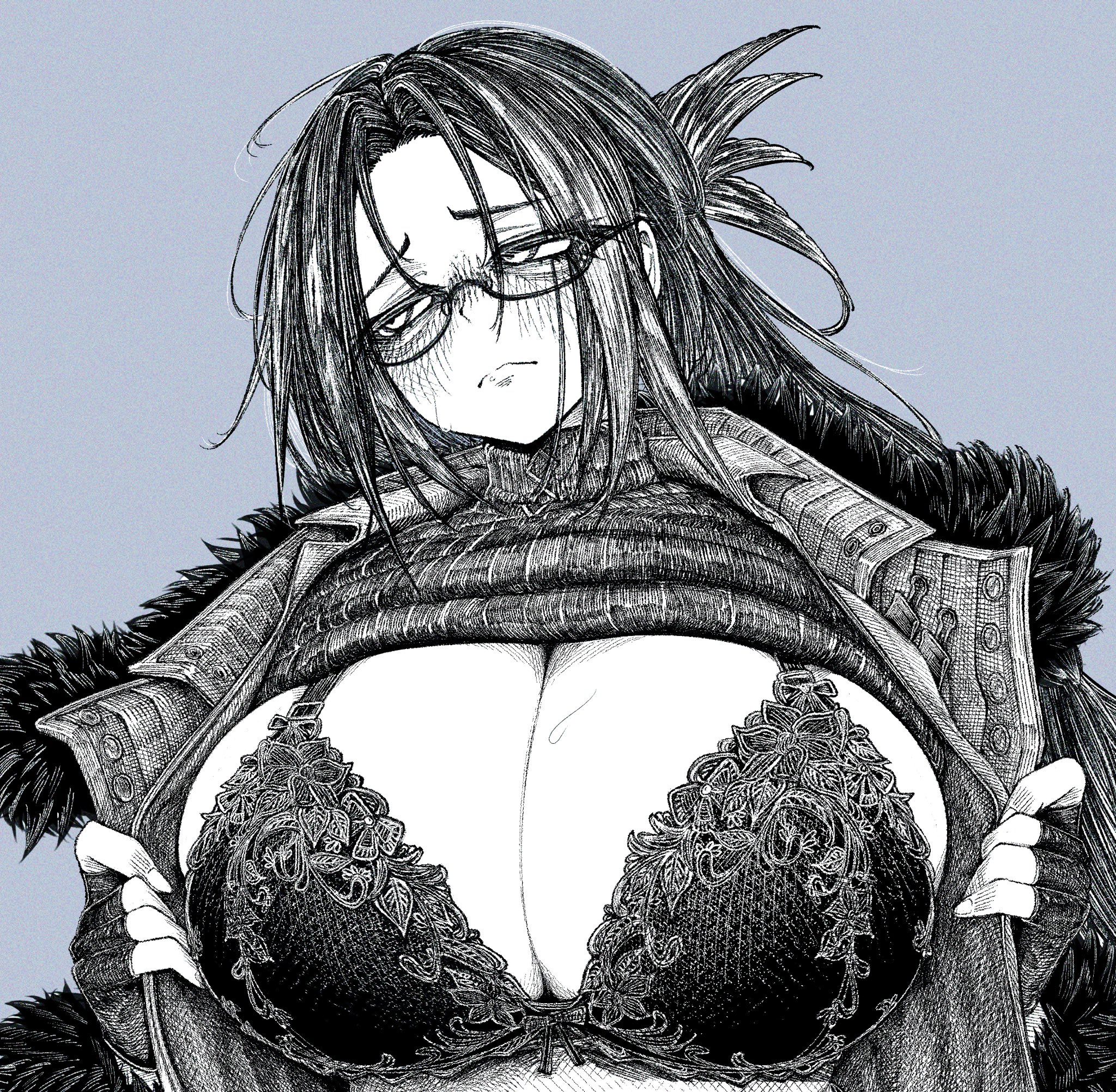 1girls, 2026, 2d, 2d (artwork), anime nose, big breasts, black and white, black bra, blue background, blue theme, blush, blushing, bra, breasts, breasts out, bust, busty, cleavage, closed mouth, clothed, clothing, detailed sketch, digital media (artwork), embarrassed female, female, female only, fingerless gloves, flushed, flushed face, flustered, front view, glasses, gloves, hair, heavy breasts, hi res, huge breasts, human, kyoeikyoei52906, large breasts, long hair, looking away, messy hair, monochrome, mouth closed, ornate bra, overcoat, pencil (artwork), pencil artwork, pencil strokes, plain background, presenting, presenting cleavage, simple background, sketch, sketch lines, solo, stroke, sweat, sweat on breasts, sweatdrop, sweater, sweater up, top lift, turtleneck sweater, upper body, upper body only