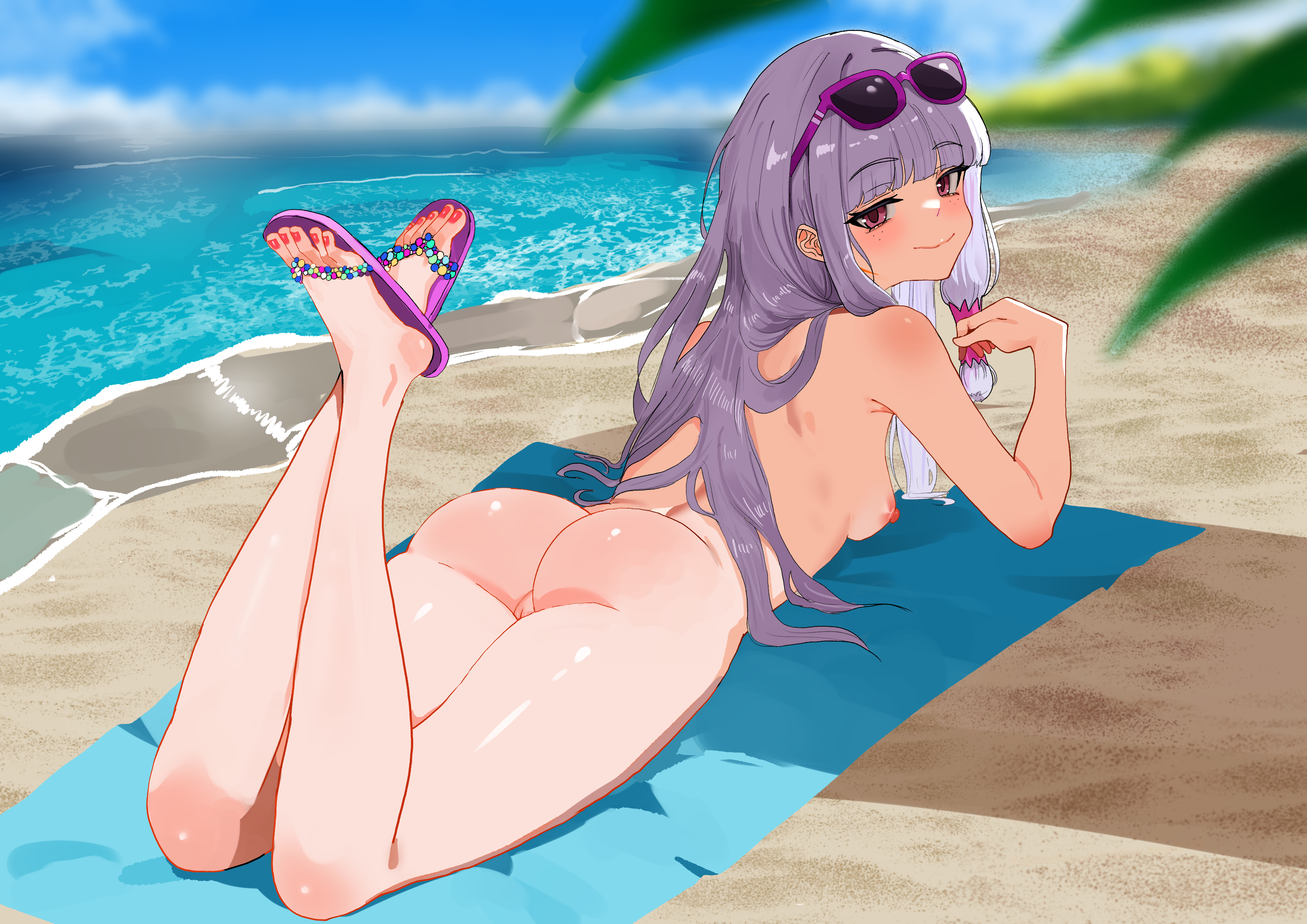 absurdres, agria (midsummer girl) (tales), agria (tales), ass, beach, blunt bangs, blush, breasts, cleft of venus, commission, eyewear on head, feet, feet up, female, freckles, hair rings, highres, long hair, looking at viewer, low-tied sidelocks, lying, nail polish, nude, ocean, official alternate costume, on stomach, outdoors, pink sandals, purple eyes, purple-framed eyewear, pussy, red nails, sand, sandals, shade, sidelocks, sky, small breasts, smile, solo, sunglasses, swimsuit, tales of (series), tales of asteria, tales of the rays, tales of xillia, white hair, zd (pixiv6210083)