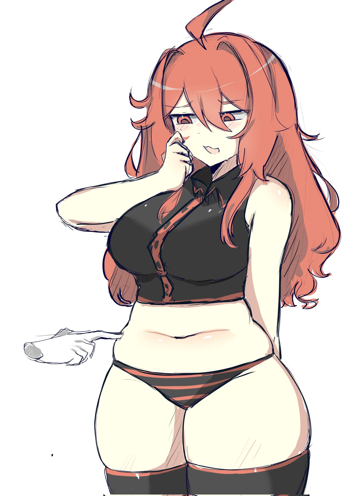 ahoge, alternate hairstyle, big breasts, breasts, collared shirt, female, hair down, kasane teto, melink (artist), panties, poke, red eyes, red hair, striped panties, tagme, thick thighs, thighhighs, tummy, tummy squish, utau, wife material