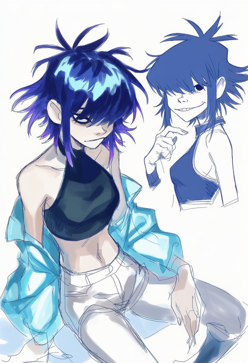 1girls, ai generated, bare shoulders, blue hair, breasts, exposed midriff, female, female focus, female only, fully clothed, gorillaz, highres, lapis slopzuli, medium hair, midriff, noodle (gorillaz), pants, small breasts, tagme, uravity98114