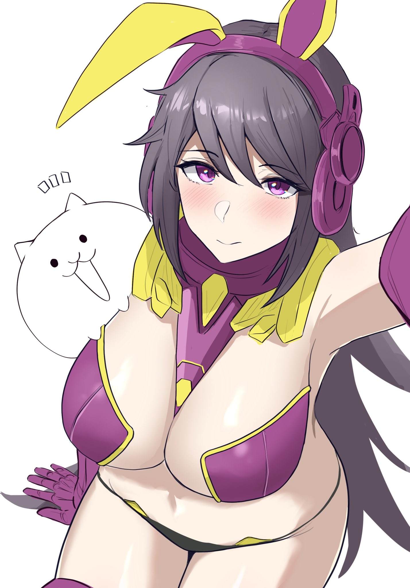 1girls, 1other, 5 fingers, ambiguous gender, animal ear headphones, animal ears, arm on floor, arm on ground, arm raised, arm up, armpit, armpits, arms up, armwear, background, bare belly, bare body, bare boobs, bare breasts, bare hands, bare hips, bare legs, bare midriff, bare navel, bare thighs, barely clothed, barely covered, belly, belly button, bikini, bikini top, bikini top only, black panties, black underwear, blush, blushed face, blushing female, boots, breasts, bunny ear headphones, bunny ears, cat (battle cats), cat ears, cleavage, closed mouth, clothed, clothed female, clothing, collar, cowboy shot, curvaceous, curvaceous body, curvaceous female, curvaceous figure, curvaceous hips, curvaceous thighs, curves, curvy, curvy body, curvy female, curvy figure, curvy hips, curvy thighs, fake animal ears, feline, female, female focus, female only, fingers, galaxy gals, gauntlet, gauntlets, glistening, glistening body, glistening breasts, glistening skin, glistening thighs, gray hair, grey hair, grey hair female, grey-haired female, hair, hair ornament, hairwear, half body, hand on floor, hand on ground, hand raised, hand up, hands up, headgear, headphones, headwear, hips, holding, holding camera, holding object, huge breasts, huge thighs, human, large breasts, large thighs, leggings, light skin, light-skinned female, long hair, looking at camera, looking up, metal, metal bikini, metal boots, metal gloves, midriff, mostly nude, mostly nude female, mouth, mouth closed, navel, nyanko daisensou, on breasts, one arm raised, one arm up, one hand on the ground, one hand raised, one hand up, panties, purple bikini, purple bikini top, purple boots, purple clothing, purple collar, purple eyes, purple gauntlets, purple leggings, purple outfit, revealing clothes, sed (d4vcmk), seductive, seductive body, selfie, sexy, shoulders, simple background, sitting, sitting down, sitting on floor, skimpy clothes, smile, smiling, smiling at camera, smiling female, suggestive, the battle cats, thick thighs, thigh boots, thighhigh boots, thighhighs, thighs, thundia, underwear, viewed from above, voluptuous, voluptuous female, white background, wide hips