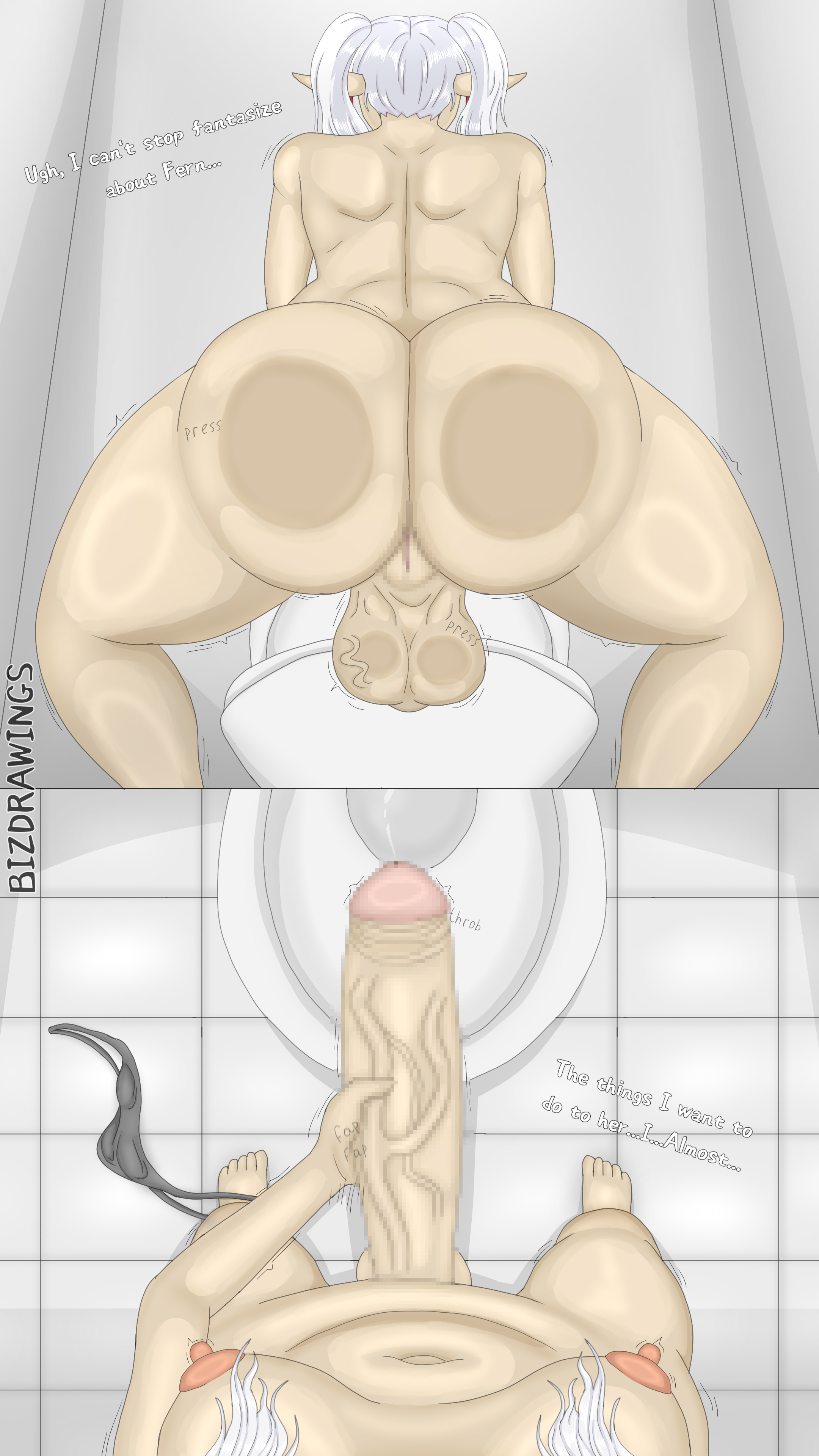 1futa, 5 fingers, against surface, areolae, ass, ass focus, ass press, back, back view, balls, bare ass, bare back, bare breasts, bare shoulders, bare thighs, barefoot, belly, belly button, big ass, big balls, big penis, bizdrawings, black panties, blue hair, breasts, bubble butt, dialogue, elf, elf ears, elf futa, erection, fantasizing, feet, frieren, frieren beyond journey's end, futa focus, futa only, futanari, high resolution, high-angle view, holding penis, intersex, legs, legs spread, light skin, light-skinned futa, long penis, low-angle view, masturbation, nipples, nude, nude futa, panties, penis, restroom, round ass, small breasts, solo, solo focus, solo futa, sousou no frieren, squatting, text, thick thighs, toilet, twintails, two panel image, veiny penis, wide hips