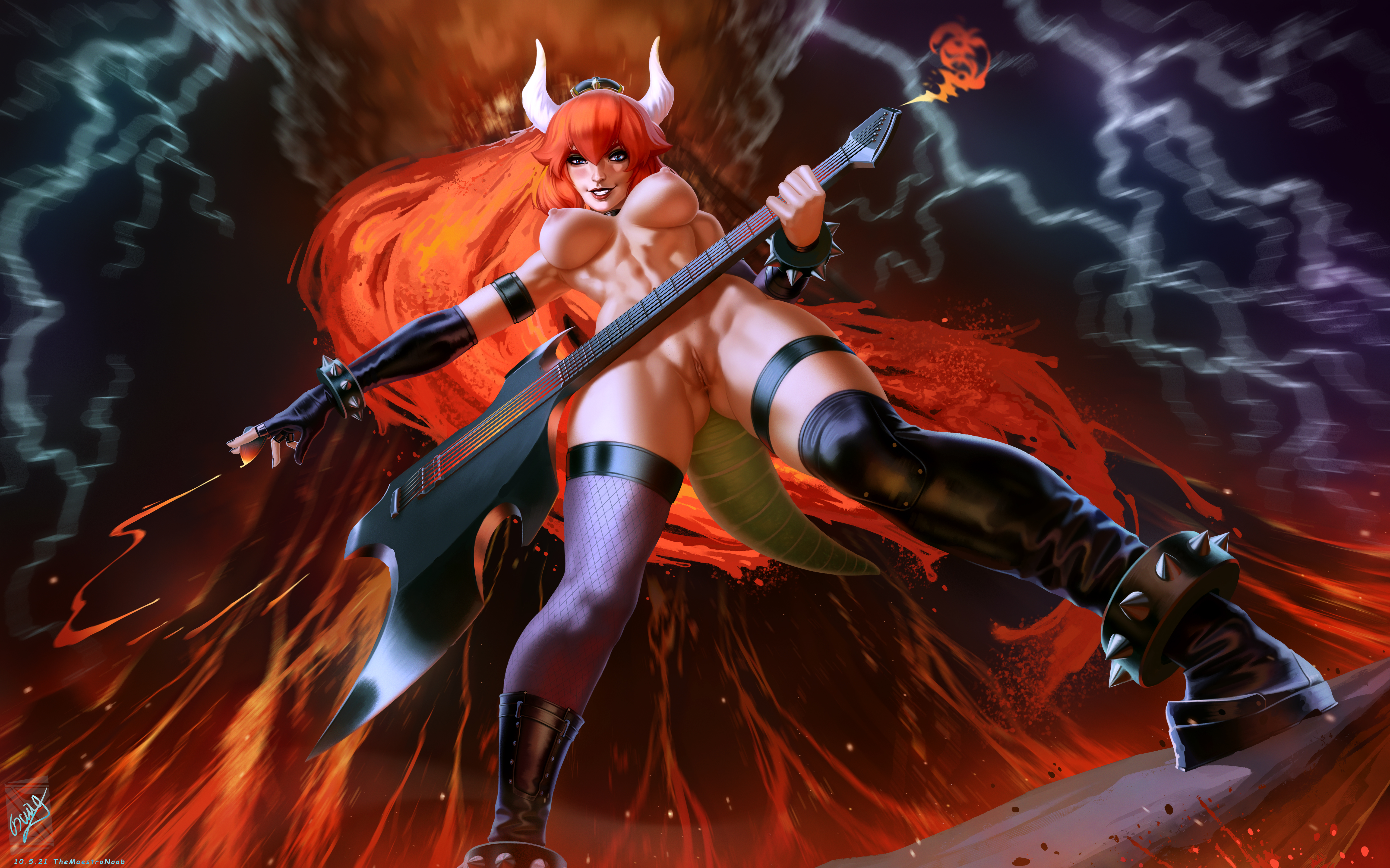 bowsette, breasts, female, horns, mario (series), new super mario bros. u deluxe, red bowsette, red hair, themaestronoob