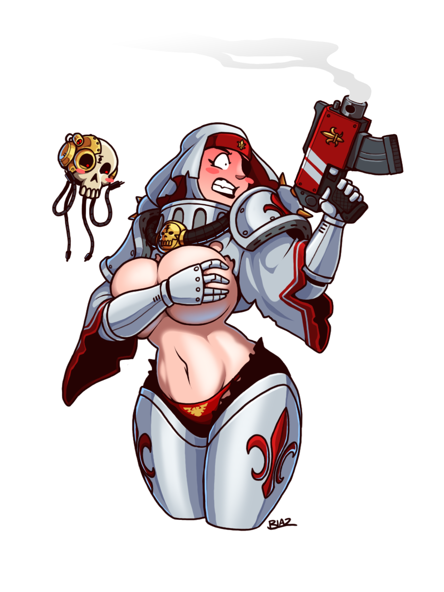 adepta_sororitas angry armor_removed battle_damage blazbaros covering_breasts embarrassed fleur-de-lis fleur-de-lis_(symbol) gun imperium_of_man order_of_the_sacred_rose panties servo-skull sister_hospitaler sister_of_battle thong underwear wardrobe_malfunction warhammer_(franchise) warhammer_40k