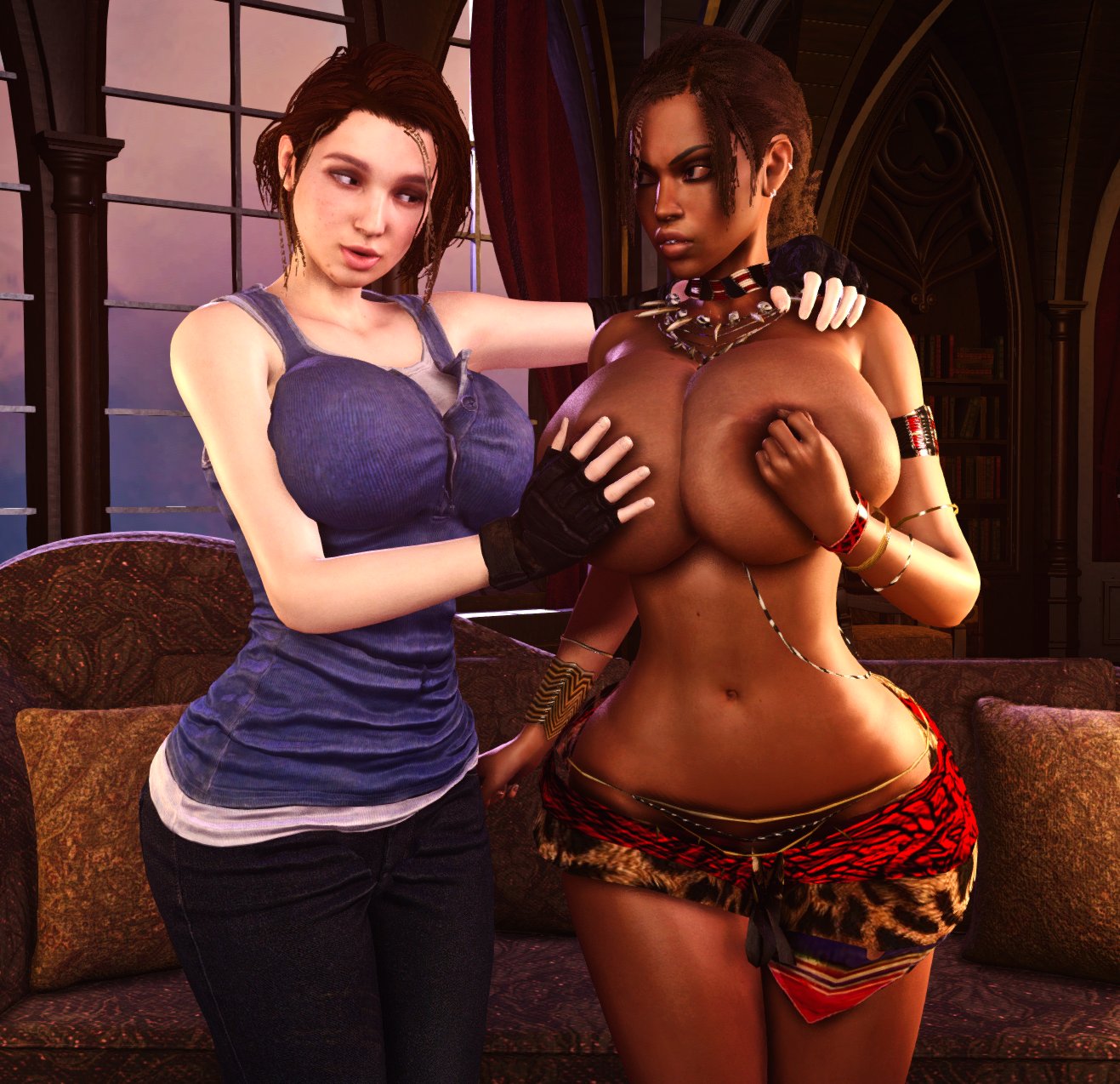 2girls, 3d, african, african female, alternate breast size, ass, big ass, breasts, brown hair, busty, capcom, clothing, dark skin, dark-skinned female, female, female only, hips, hourglass figure, interracial, interracial yuri, jill valentine, jill valentine (sasha zotova), large breasts, legs, leopard print, light skin, light-skinned female, lower body, nude, nude female, resident evil, resident evil 3, resident evil 5, sheva alomar, thick, thick legs, thick thighs, thighs, upper body, vaako, virtamate, voluptuous, wide hips, yuri
