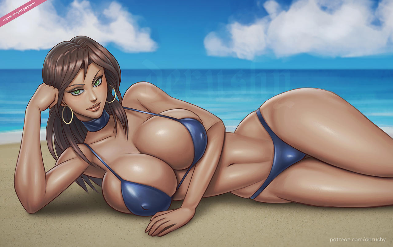 1girls beach bikini brown_hair clothed clothing derushy female female_only green_eyes huge_breasts human light-skinned_female light_skin long_hair lying_on_side mostly_nude on_side original original_character pale_skin seaside solo voluptuous