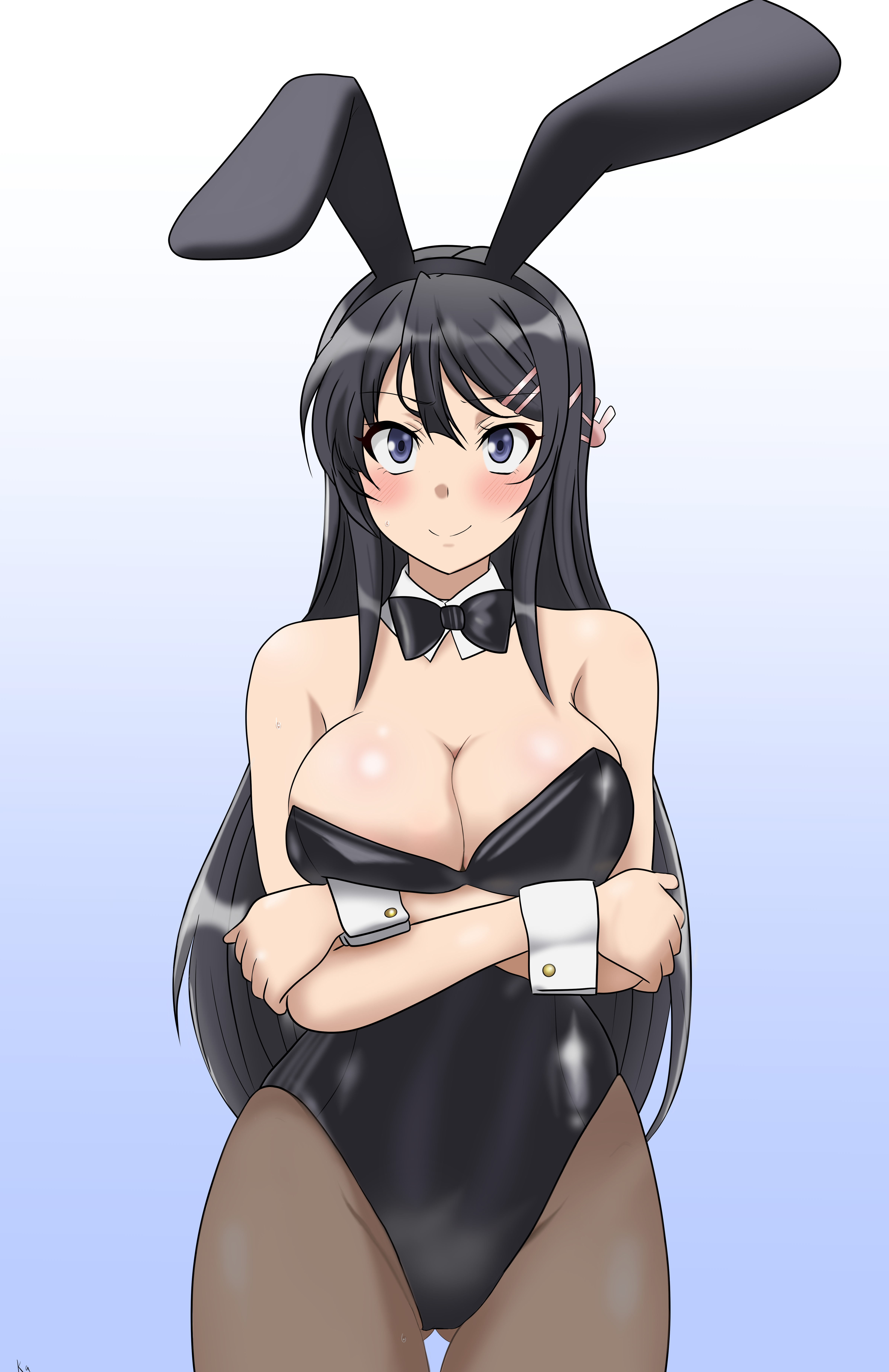 1girls, absurd res, black hair, blush, breasts, bunny ears, bunnysuit, female, hi res, large breasts, long hair, pantyhose, sakurajima mai, seishun buta yarou wa bunny girl senpai no yume wo minai, shiny, smile, uncensored