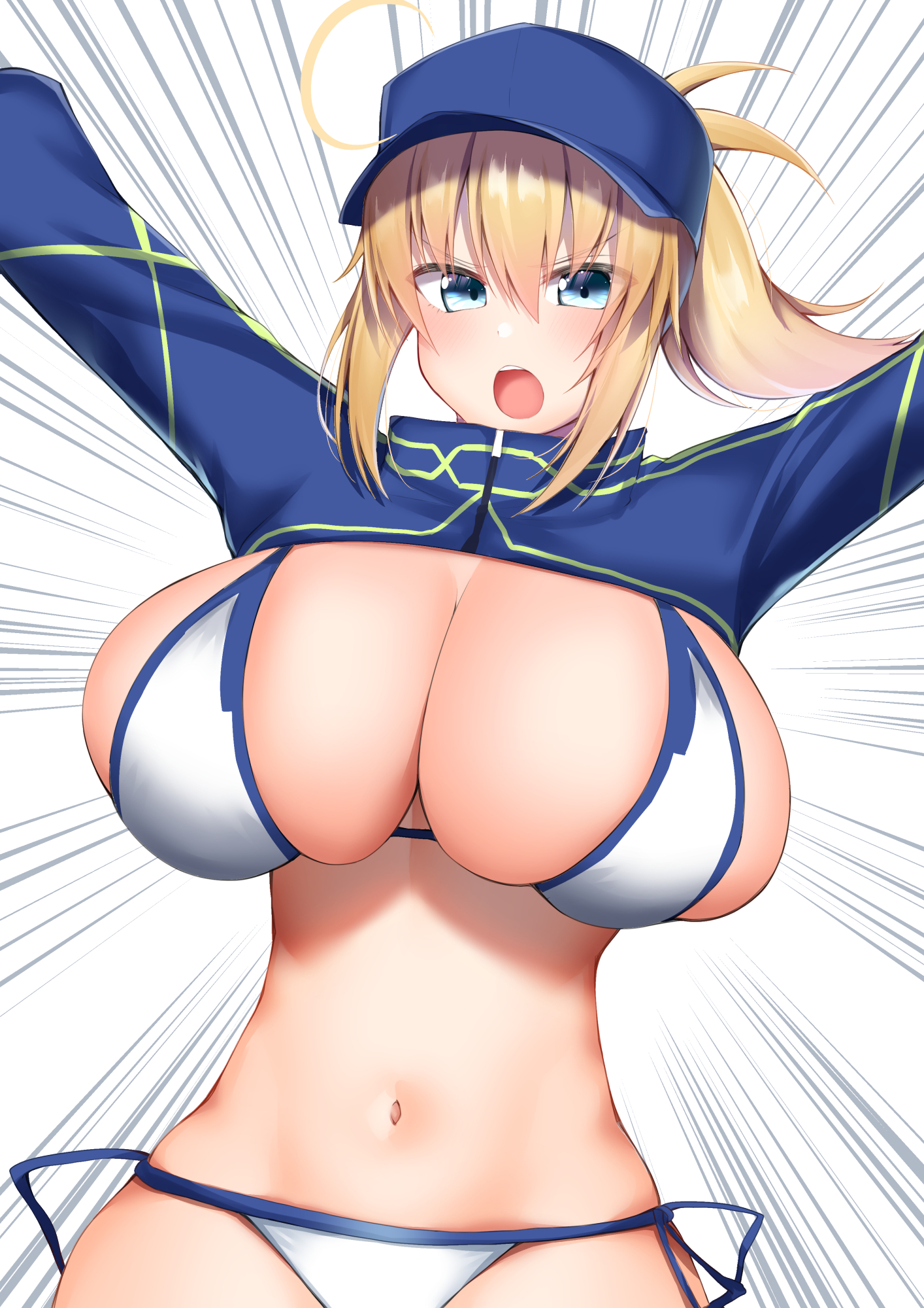 1girls, 2021, action lines, ahoge, arms out, arms up, artoria pendragon, bangs, barely clothed, barely contained, belly button, bikini, blonde hair, blue eyes, blue hat, blue jacket, blush, blushing at viewer, bondage, breasts, cleavage, cropped jacket, fate (series), fate/grand order, female, female focus, female only, hair between eyes, hat, hips, huge breasts, jacket, kitajima yuuki, long ponytail, looking at viewer, micro bikini, mysterious heroine xx (foreigner), open mouth, ponytail, side-tie bikini, sideboob, simple background, skindentation, slim waist, soft breasts, swimsuit, white background, white bikini, wide hips