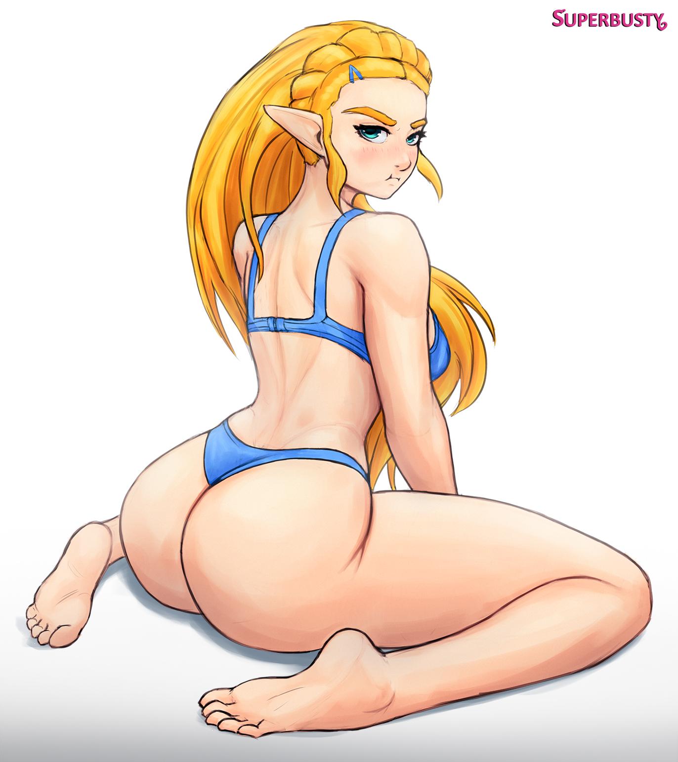 1girls, angry, annoyed, ass, back view, barefoot, big ass, blonde hair, blue eyes, blue panties, blush, bra, breath of the wild, chewing, curvy, feet, female, female only, grumpy, hairclip, hylian, kneeling, long hair, looking at viewer, looking back, nintendo, panties, pinup, pointy ears, pose, princess zelda, revealing clothes, simple background, skimpy clothes, solo, solo focus, superbusty, the legend of zelda, thick thighs, thong, underwear, very long hair, wariza, zelda (breath of the wild)