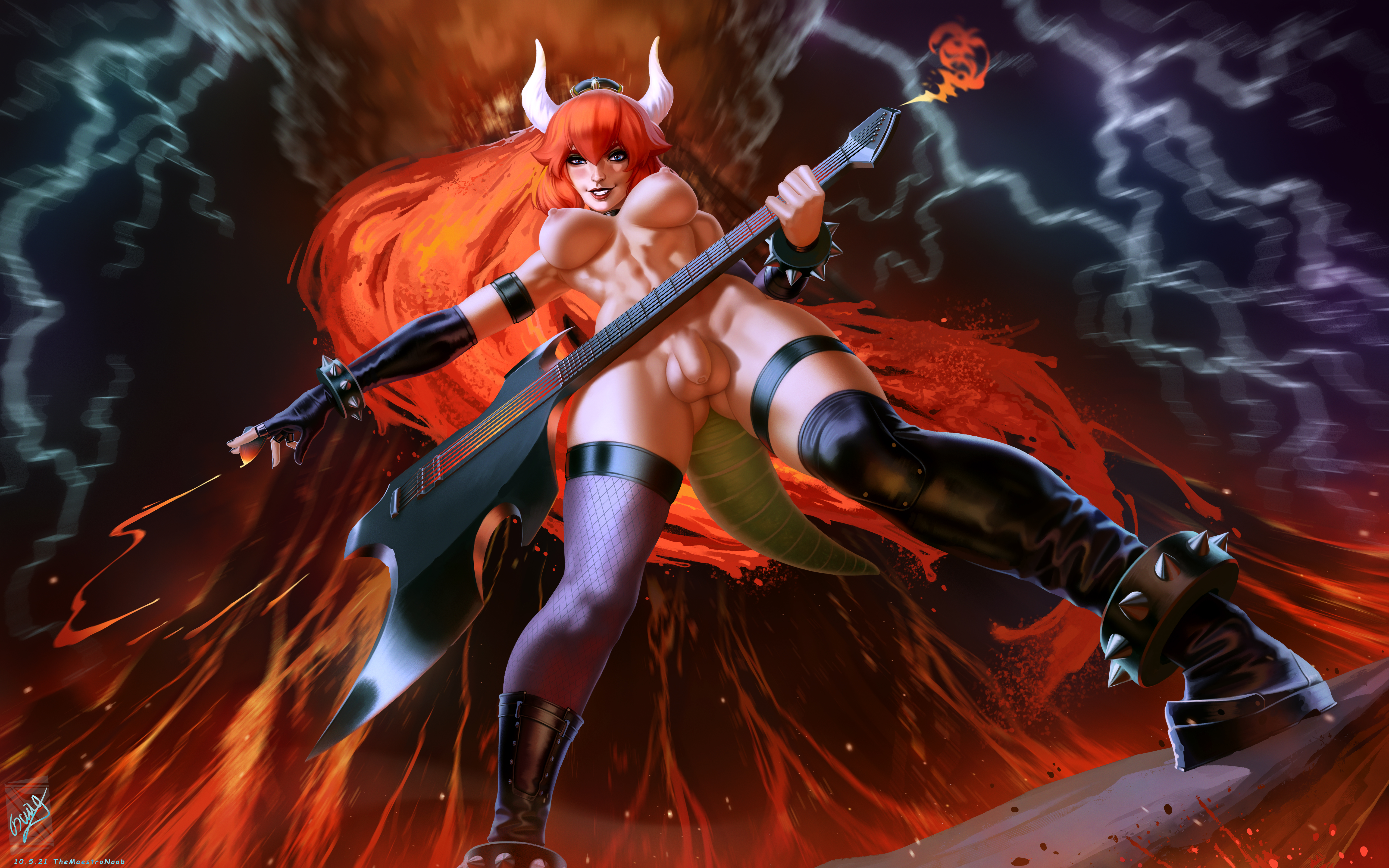 1futa, anklewear, areolae, armwear, balls, big breasts, big penis, bowsette, breasts, casual, detailed background, female, flaccid, footwear, futa only, futanari, guitar, handwear, horns, humanized, humanoid, humanoid penis, intersex, kneehighs, knees together feet apart, legwear, light skin, light-skinned futa, low-angle view, mario (series), musical instrument, new super mario bros. u deluxe, nintendo, nude, pale skin, penis, pov, red bowsette, red hair, solo, source request, standing, tail, themaestronoob, thighhighs, wristwear