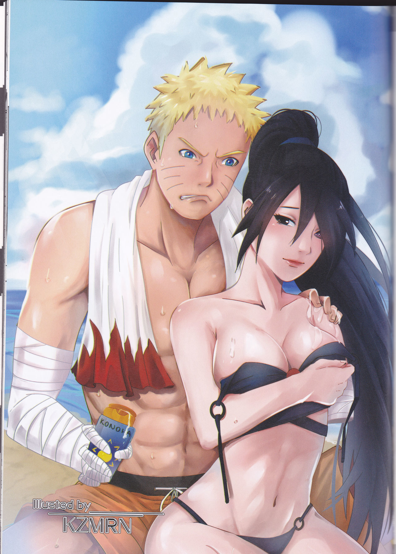 1boy, 1girls, abs, alternate hairstyle, amputee, arm under breasts, bandaged arm, bandages, bare shoulders, beach, between legs, bikini, black eyes, blush, boruto: naruto next generations, breasts, clenched teeth, curvaceous, endured face, female, genderswap, genderswap (mtf), hand on shoulder, heterochromia, holding object, humping, kzmrn, lipstick, long hair, makeup, male, medium breasts, missing arm, naruto, naruto (series), nervous, outdoors, rinnegan, rule 63, sasuke uchiha, sasuko, short hair, shorts, sitting, smile, spread legs, sunscreen, sweat, swimsuit, teasing, towel, towel around neck, untied bikini, uzumaki naruto, very long hair, wide hips