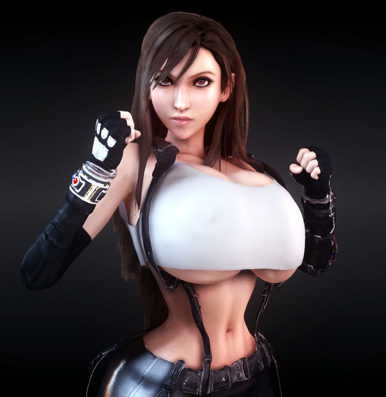 1girls, 3d, 3d (artwork), abs, alternate breast size, big breasts, big hips, breasts, breasts bigger than head, brown hair, female, female only, final fantasy, final fantasy vii, fingerless gloves, gloves, hips, hourglass figure, huge breasts, huge hips, large breasts, large hips, long hair, midriff, midriff baring shirt, red eyes, slim waist, solo, solo female, thin waist, tifa lockhart, underboob, vaako, very long hair, virtamate, voluptuous, wide hips
