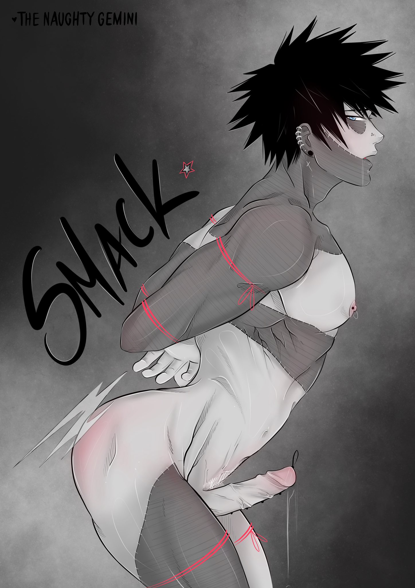 1boy, arms behind back, arms tied, arms tied behind back, artist name, ass, bare ass, black hair, bondage, burn scar, dabi, erect while spanked, genitals, legs tied, male, male only, male urethral insertion, my hero academia, nipple piercing, nipples, nude, nude male, penile urethral insertion, penis, pierced nipples, piercing, scar, scars, solo, solo focus, solo male, sounding, spanked, spanking, submissive, submissive male, the naughty gemini, touya todoroki, urethral beads, urethral insertion