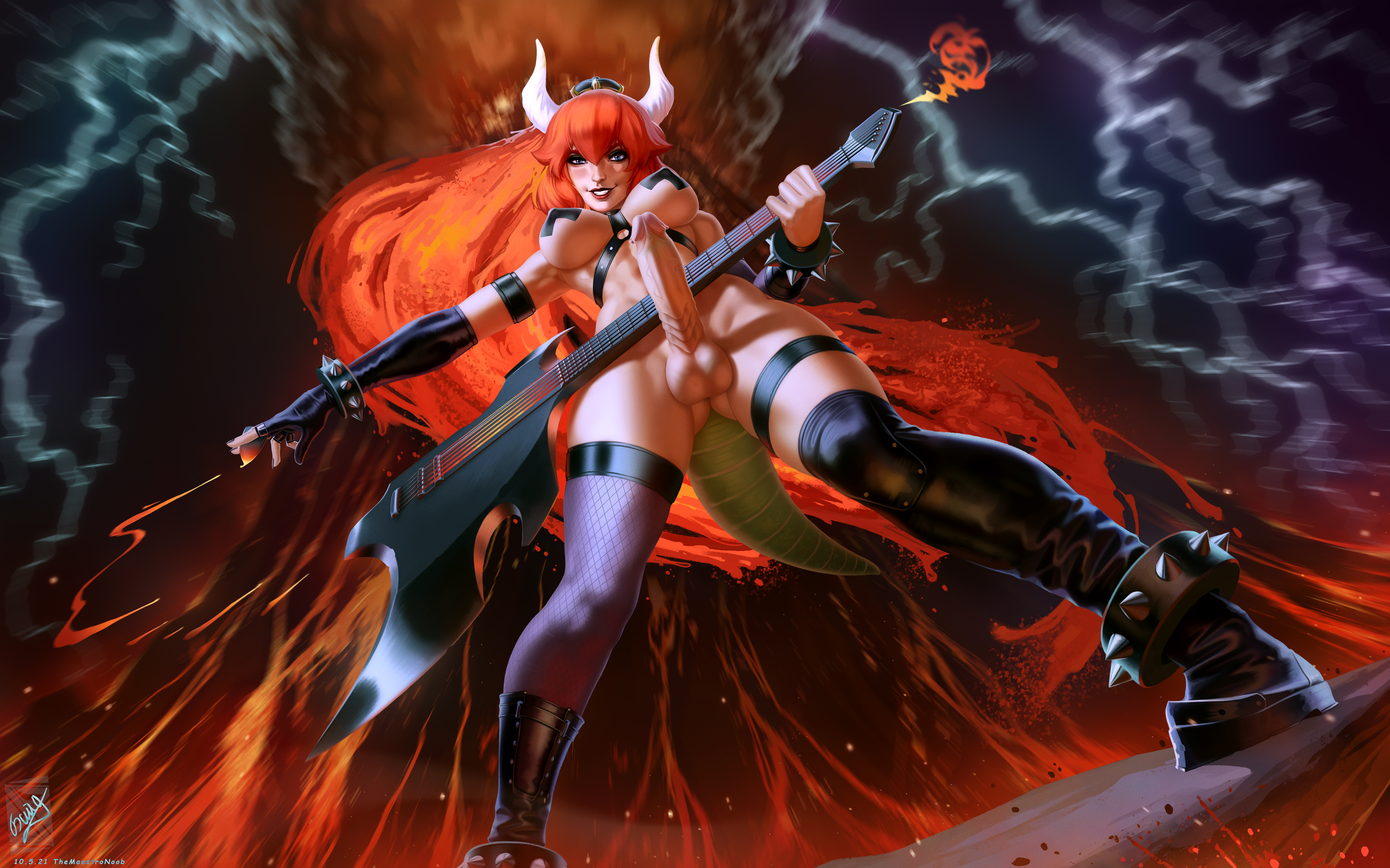 1futa, armwear, balls, big breasts, big penis, bowsette, breasts, casual, covered nipples, detailed background, erection, footwear, futa only, futanari, guitar, horns, humanized, humanoid, humanoid penis, intersex, kneehighs, knees together feet apart, legwear, light skin, light-skinned futa, low-angle view, mario (series), musical instrument, new super mario bros. u deluxe, nintendo, pale skin, pasties, penis, playing instrument, pov, red bowsette, solo, source request, standing, tail, themaestronoob, wristwear