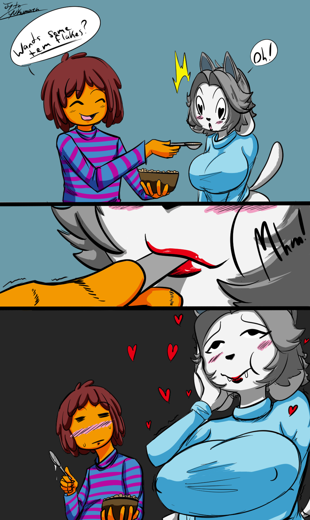 1girls, anthro, black eyes, blush, breasts, brown hair, comic, drooling, english text, female, female focus, female only, frisk, furry, grey hair, heart, heart eyes, jyto, large breasts, lips, nipple bulge, orgasm, orgasm face, sequence, shocked, temmie, temmie (undertale), text, undertale, white fur
