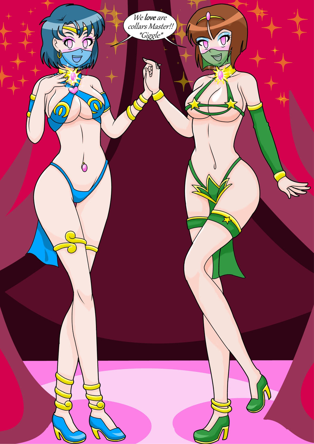 2girls, ami mizuno, bishoujo senshi sailor moon, blue hair, bob cut, brainwashing, breasts, brown hair, clothing, crossover, dancer, female, female only, harem, high heels, hypnosis, kobi-tfs, medium breasts, nabiki tendo, navel piercing, pink eyes, ranma 1/2, sailor mercury, short hair, small breasts, solo female, tagme