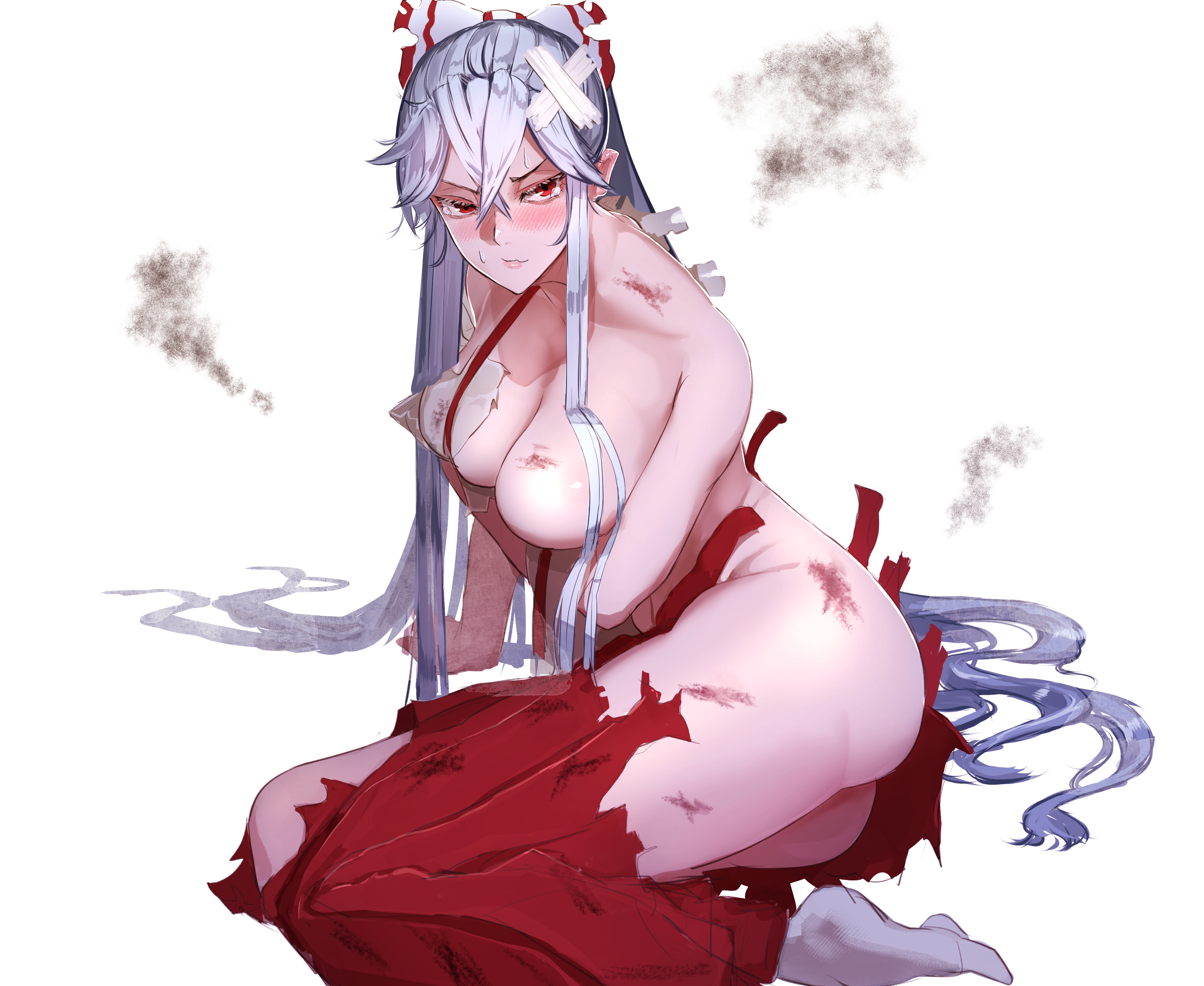 absurdres, arm support, ass, bandaid, bangs, blush, bow, breast hold, breasts, commentary request, female, fujiwara no mokou, hair between eyes, hairbow, highres, kikimifukuri, large breasts, long hair, looking at viewer, no nipples, no shoes, nose blush, pants, red eyes, red pants, shirt, sidelocks, silver hair, simple background, sitting, smoke, socks, solo, suspenders, sweat, thick thighs, thighs, topless, torn clothes, torn pants, torn shirt, touhou, v-shaped eyebrows, very long hair, white background, white bow, white legwear, white shirt