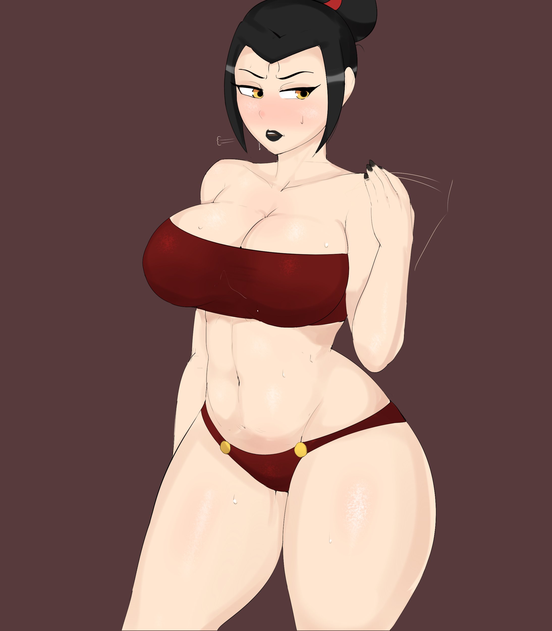 1girls, avatar the last airbender, azula, big breasts, bikini, black hair, blush, breasts, cleavage, female, female only, fire nation, g3mma, large breasts, lipstick, nail polish, nickelodeon, solo, sweat, swimsuit, tied hair, tubetop, yellow eyes