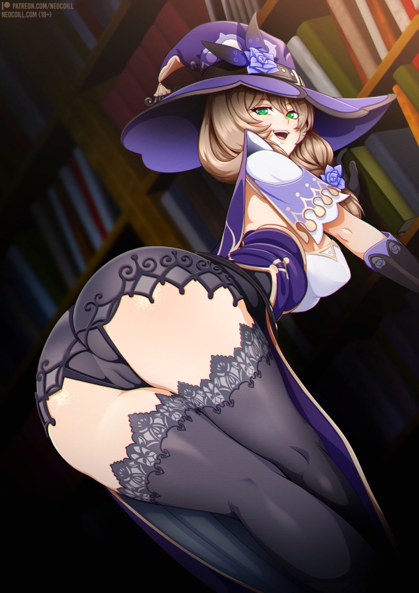 1girls, aether (genshin impact), ass, black lingerie, blush, bubble ass, bubble butt, female, genshin impact, green eyes, lingerie, lisa (genshin impact), looking at viewer, looking back, neocoill, wide hips, wide thighs