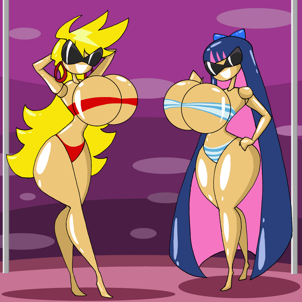 arms_behind_head bikini blonde_hair blue_hair curvaceous curvy_figure da-fuze disney doll female knick_knack large_breasts panty_&_stocking_with_garterbelt panty_anarchy permanent_smile pixar shiny_skin stocking_anarchy sunglasses sunnification thick_thighs thin_waist transformation wide_hips