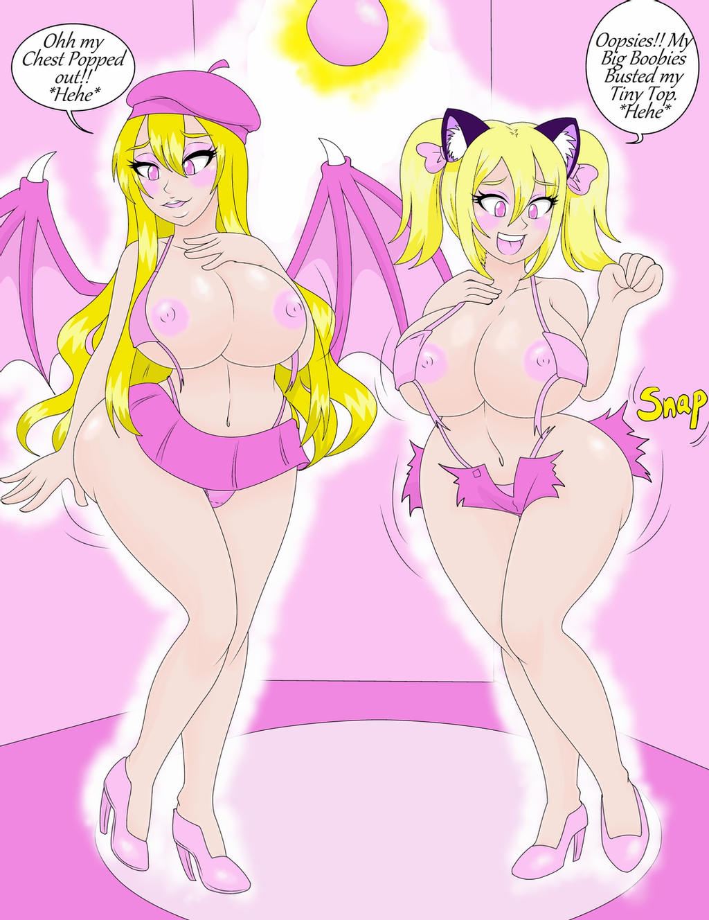 2girls, bimbo, brainwashing, breast expansion, breast growth, breast growth (enlargement), breasts, cat girl, demon, female, high heels, kobi-tfs, succubus, torn clothes, transformation